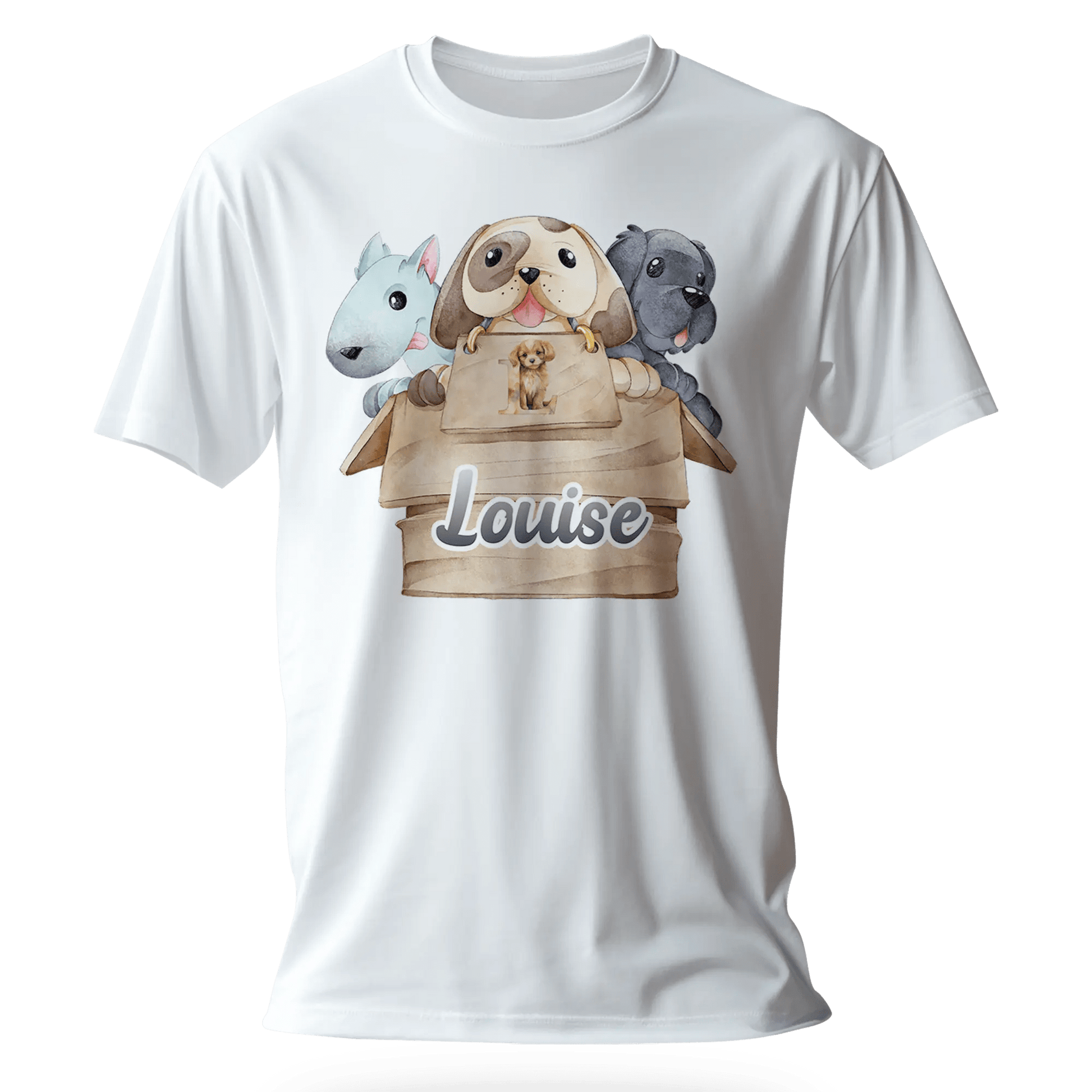 T-Shirt Personnalisé 3 Chiots Out of Box Design Pour Fille - Initiale et Prénom - MiniLook