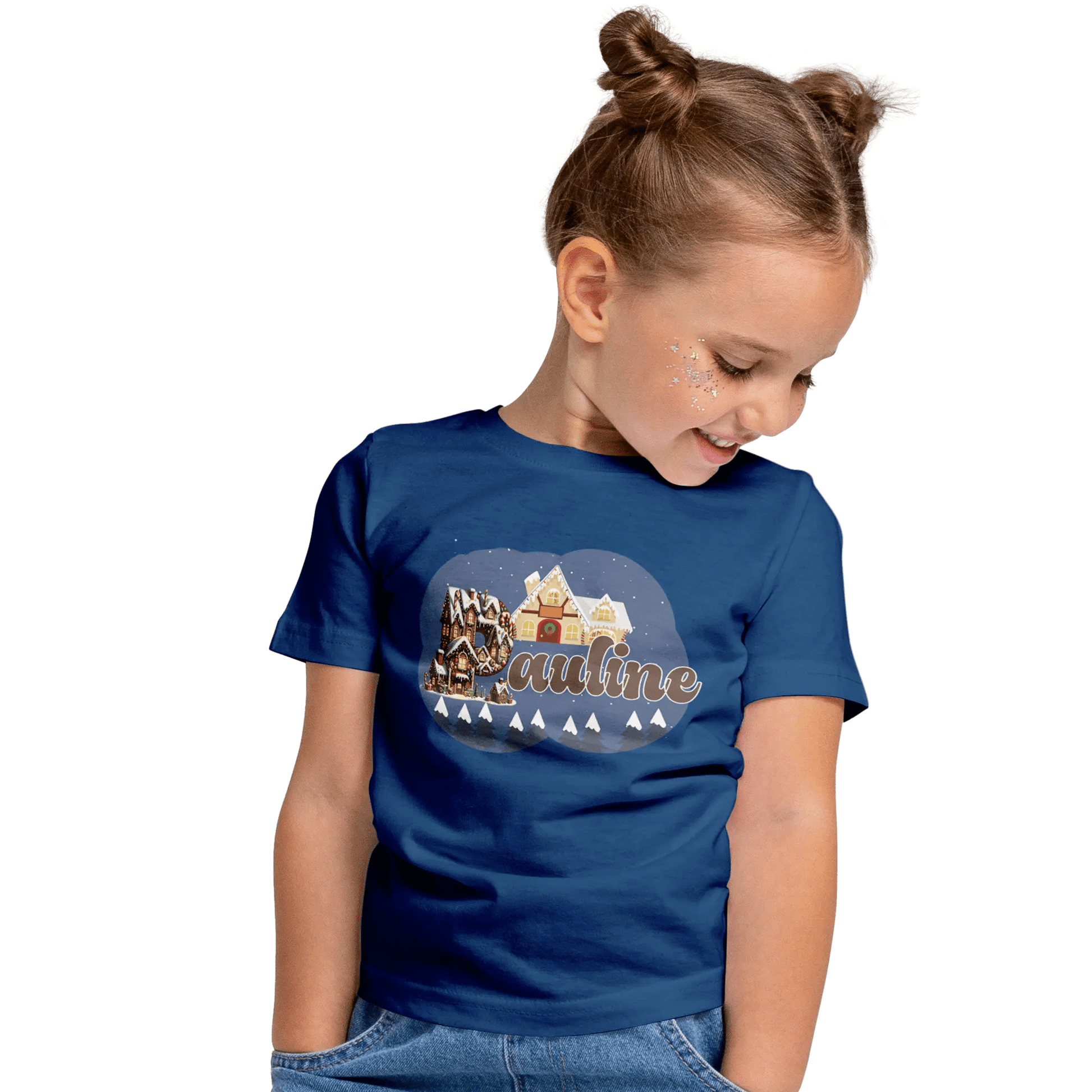 T-Shirt Personnalisé Arbres de Neige & Maison de Noël Pour Fille - Prénom - MiniLook