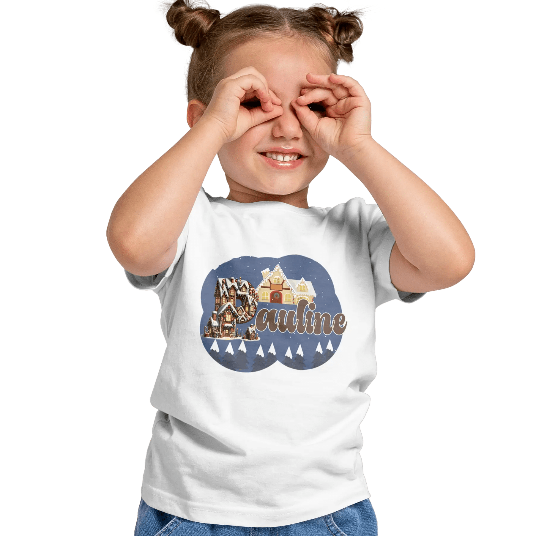 T-Shirt Personnalisé Arbres de Neige & Maison de Noël Pour Fille - Prénom - MiniLook