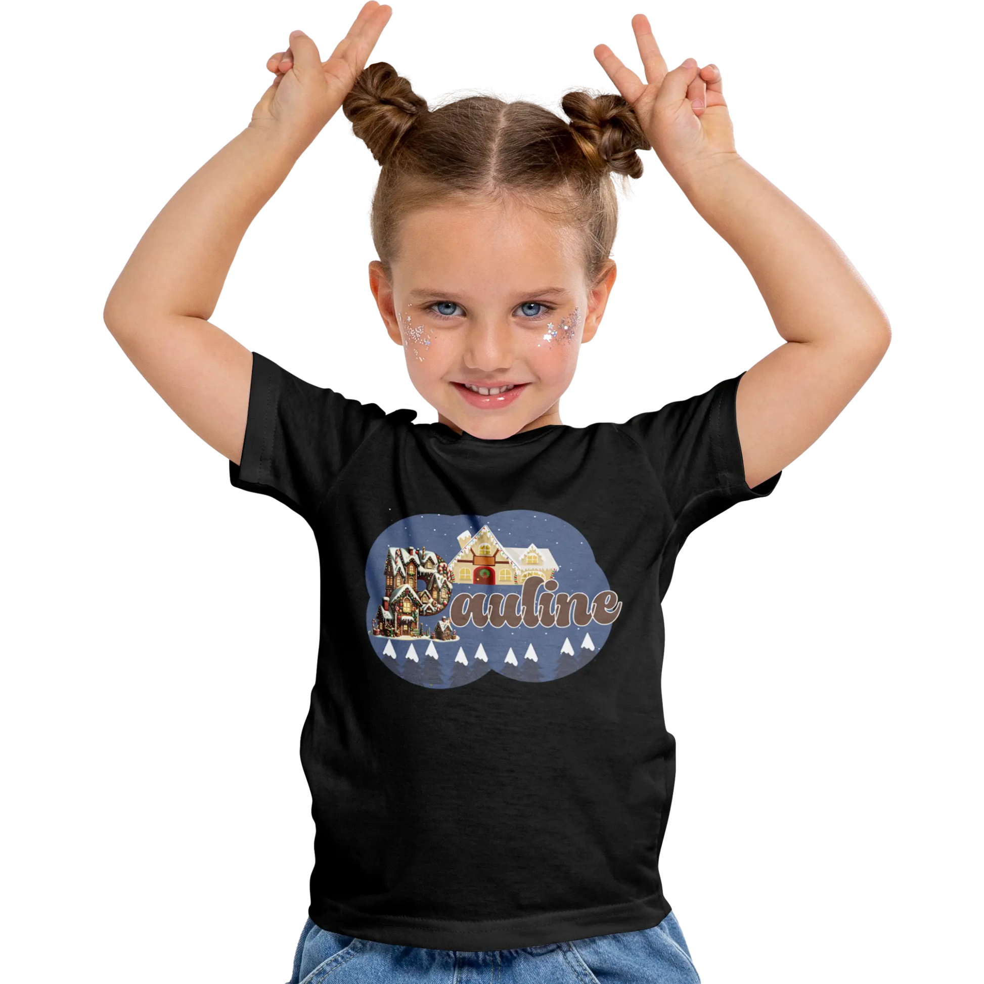 T-Shirt Personnalisé Arbres de Neige & Maison de Noël Pour Fille - Prénom - MiniLook