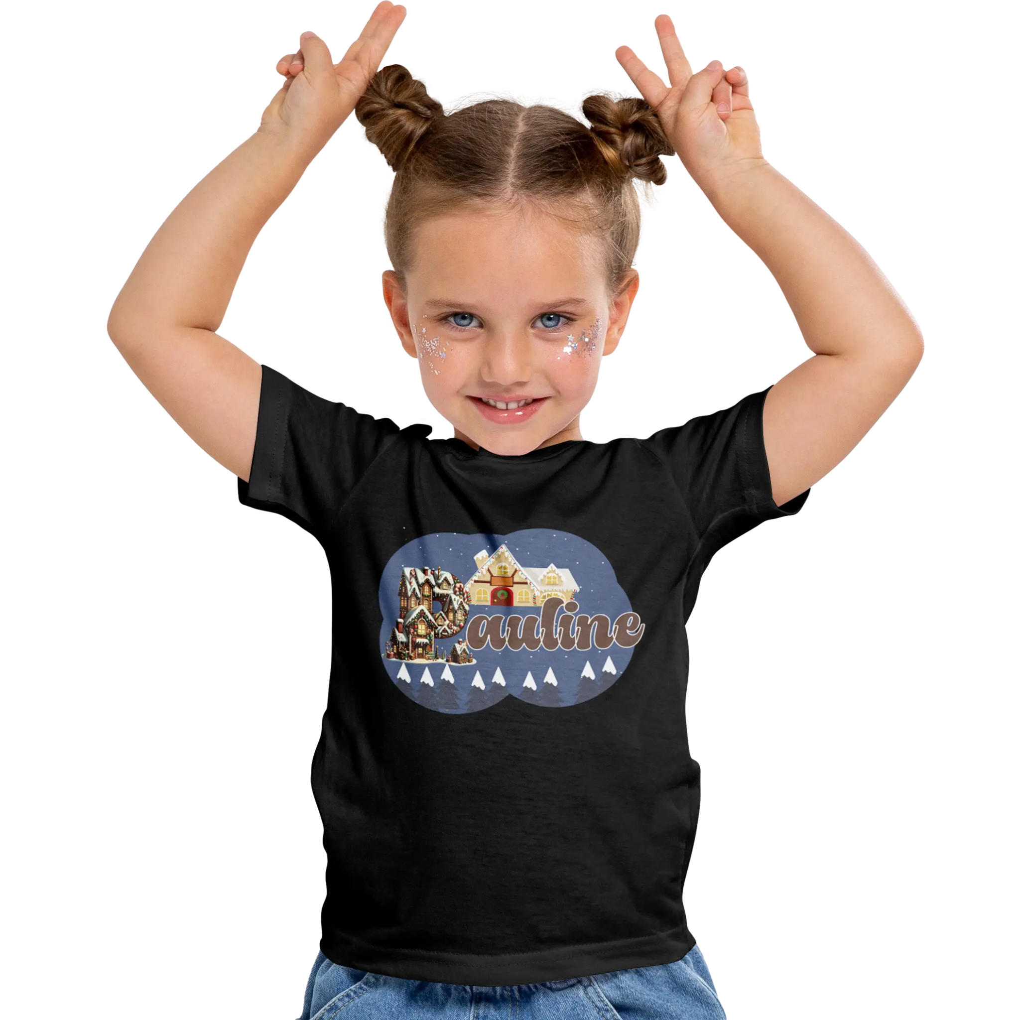 T-Shirt Personnalisé Arbres de Neige & Maison de Noël Pour Fille - Prénom - MiniLook