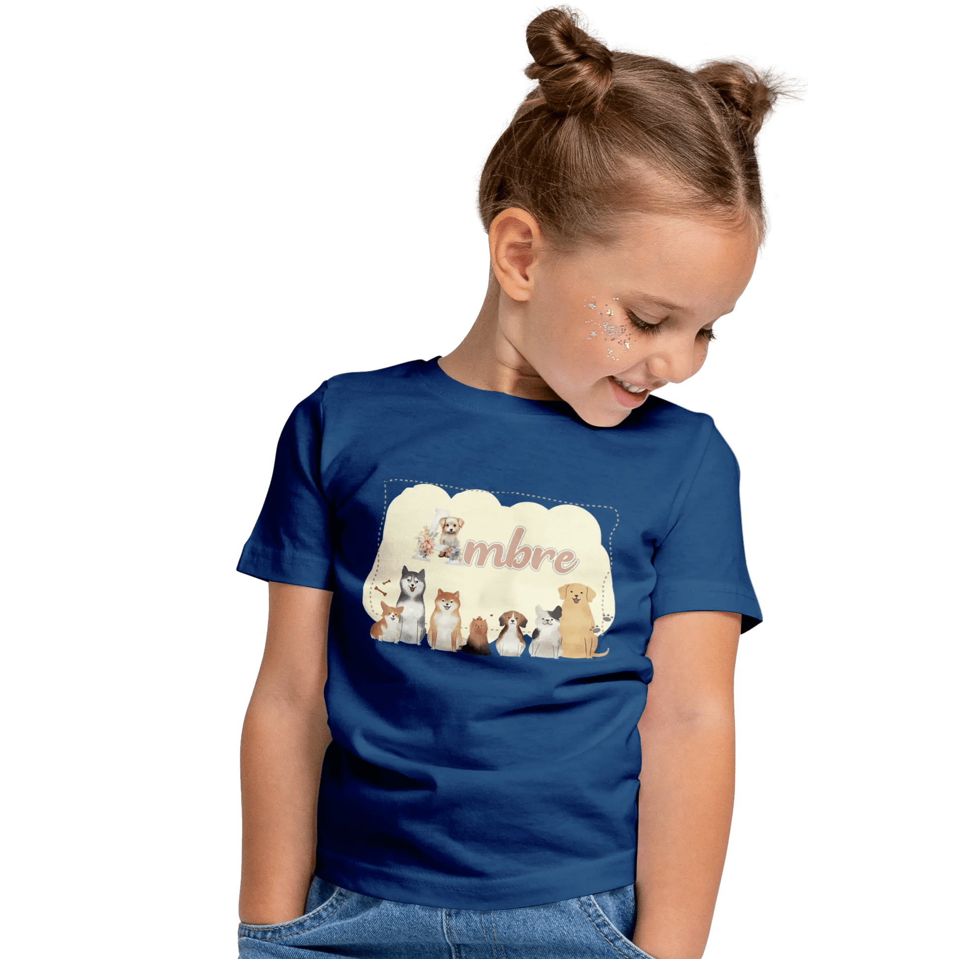 T-shirt personnalisé avec motif chien et chiot assis en famille Pour Fille - Prénom - MiniLook