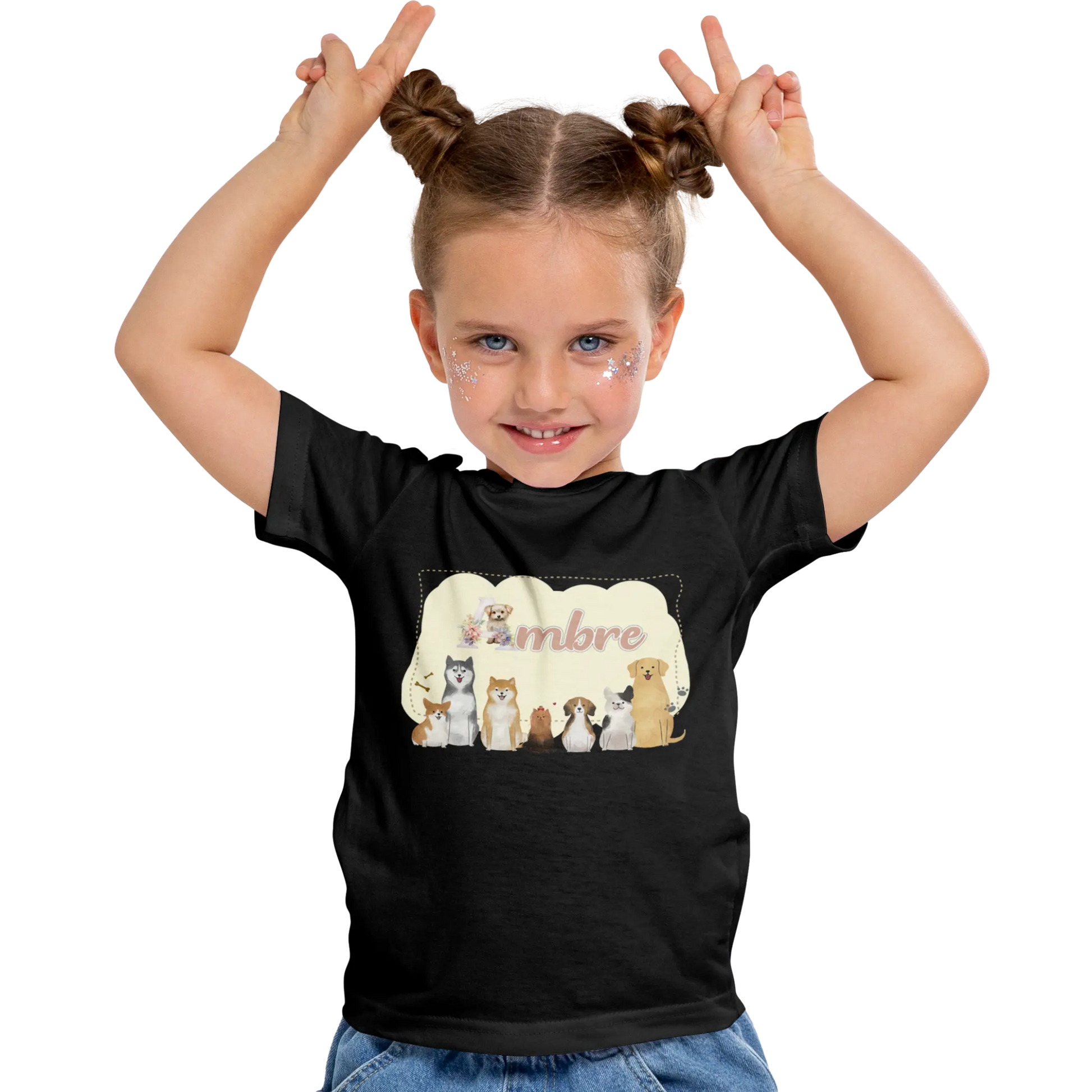 T-shirt personnalisé avec motif chien et chiot assis en famille Pour Fille - Prénom - MiniLook