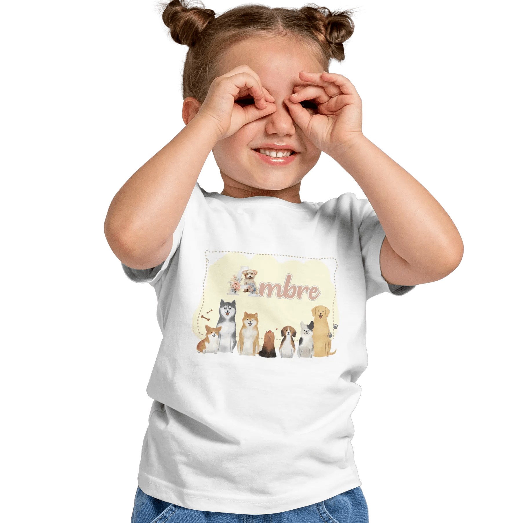 T-shirt personnalisé avec motif chien et chiot assis en famille Pour Fille - Prénom - MiniLook