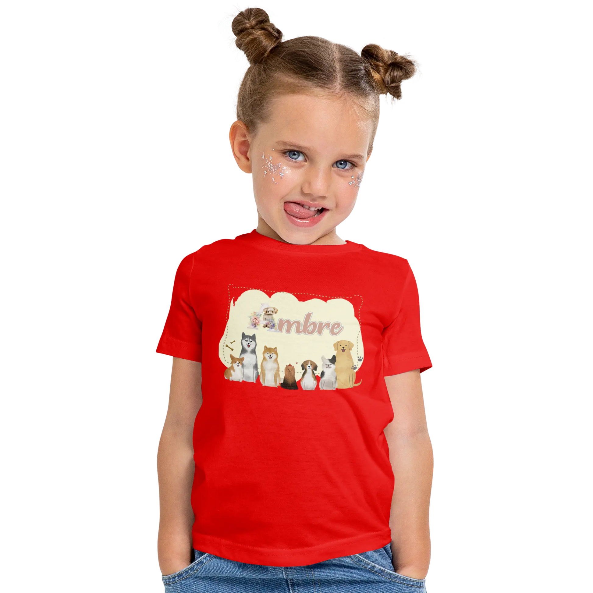 T-shirt personnalisé avec motif chien et chiot assis en famille Pour Fille - Prénom - MiniLook