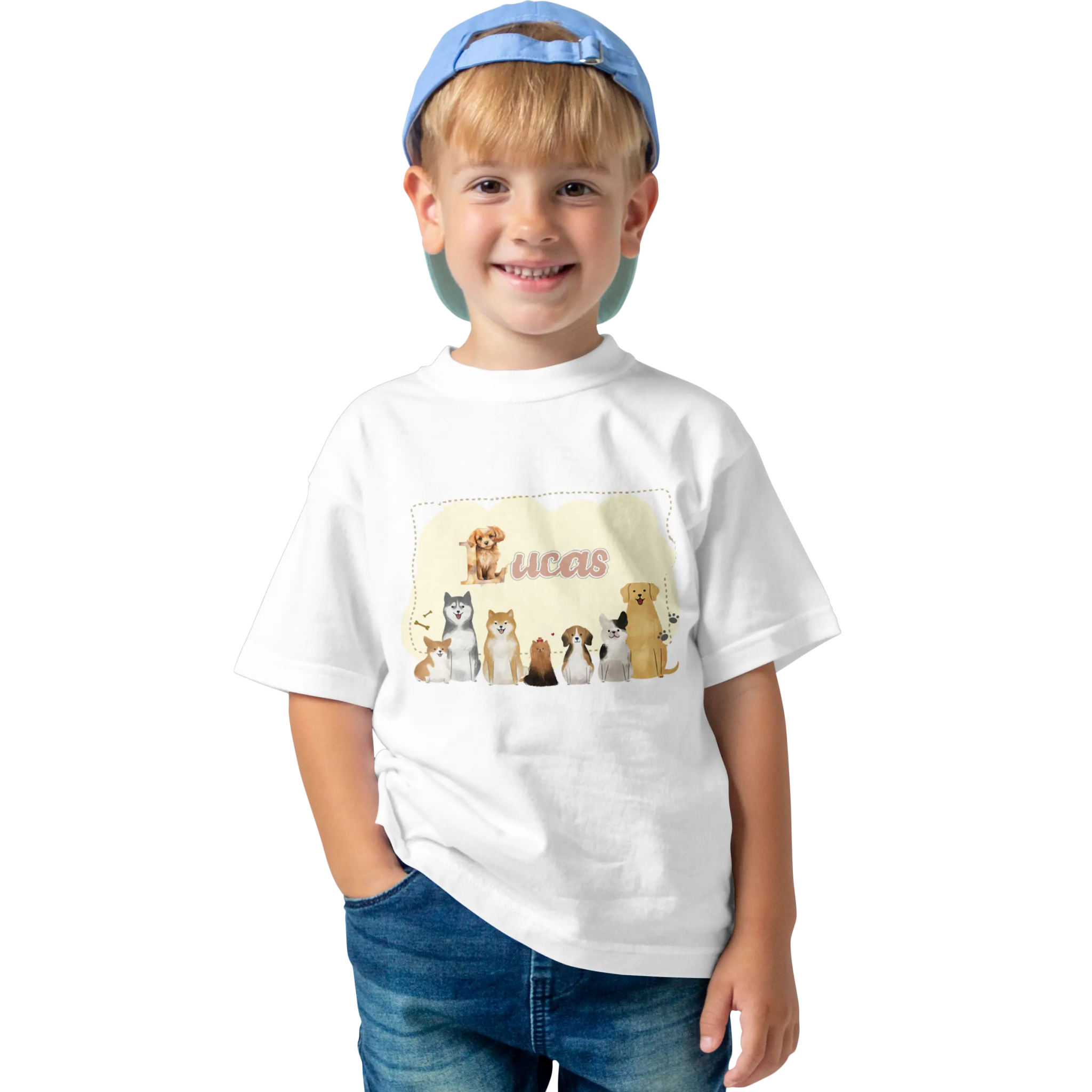 T-shirt personnalisé avec motif chien et chiot assis en famille - Prénom - MiniLook