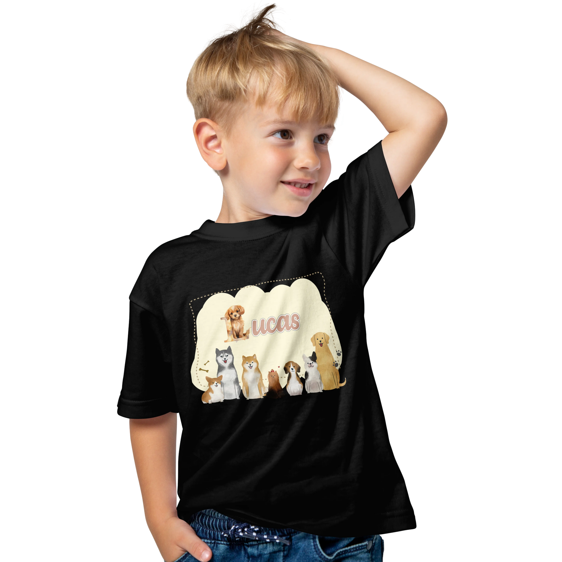 T-shirt personnalisé avec motif chien et chiot assis en famille - Prénom - MiniLook