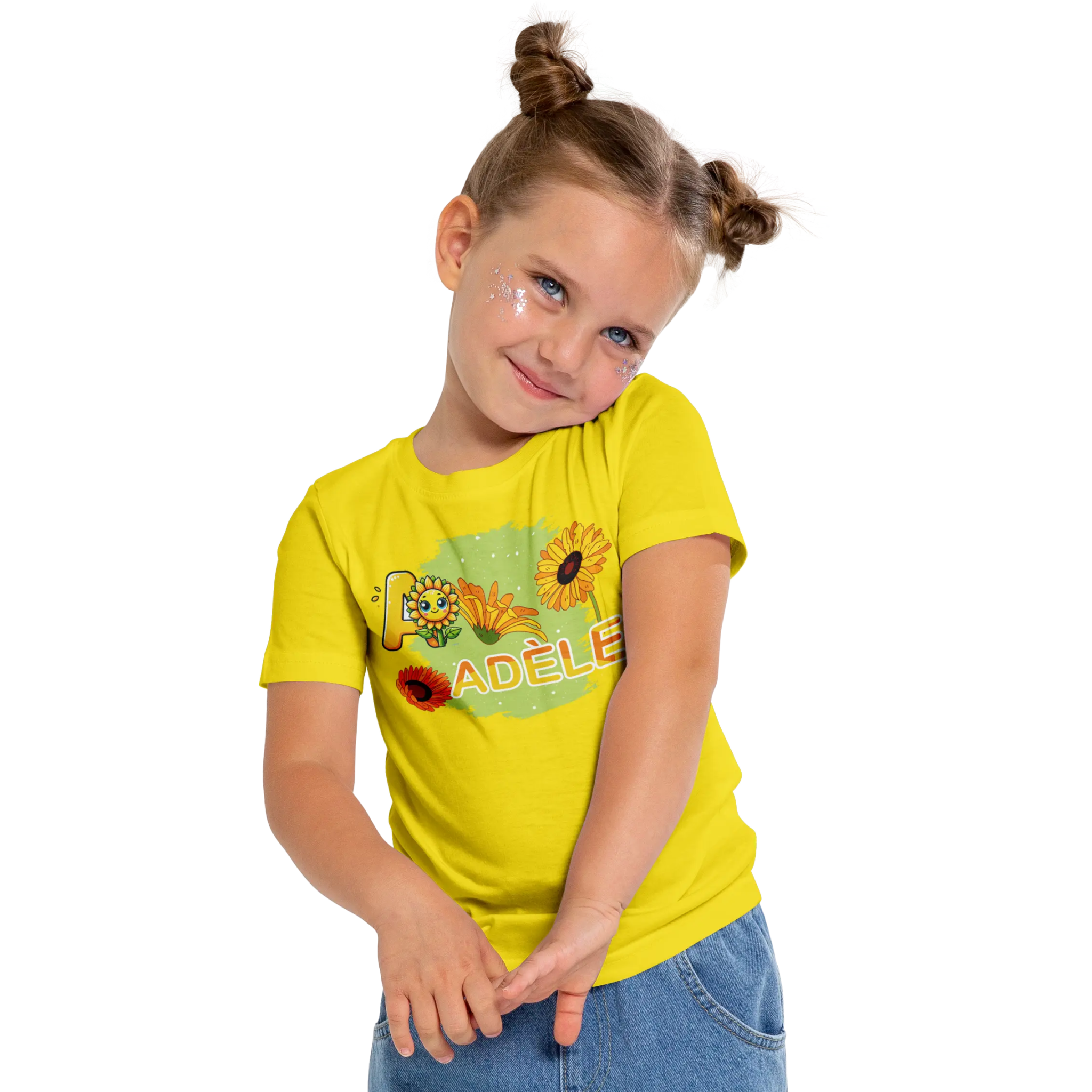 T-shirt personnalisé avec motif visage de tournesol et emoji Pour Fille - Prénom et initiale - MiniLook