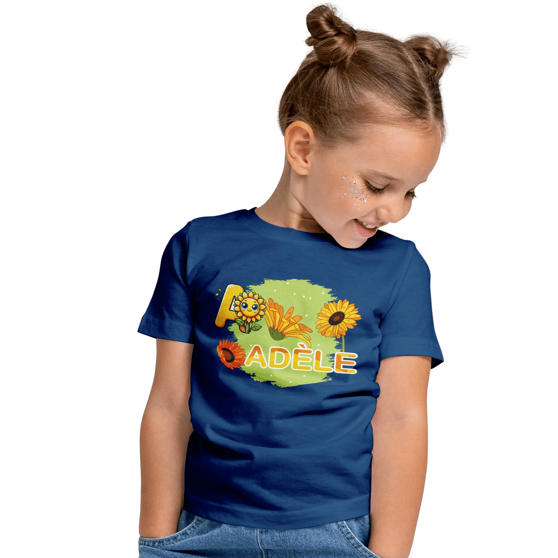 T-shirt personnalisé avec motif visage de tournesol et emoji Pour Fille - Prénom et initiale - MiniLook