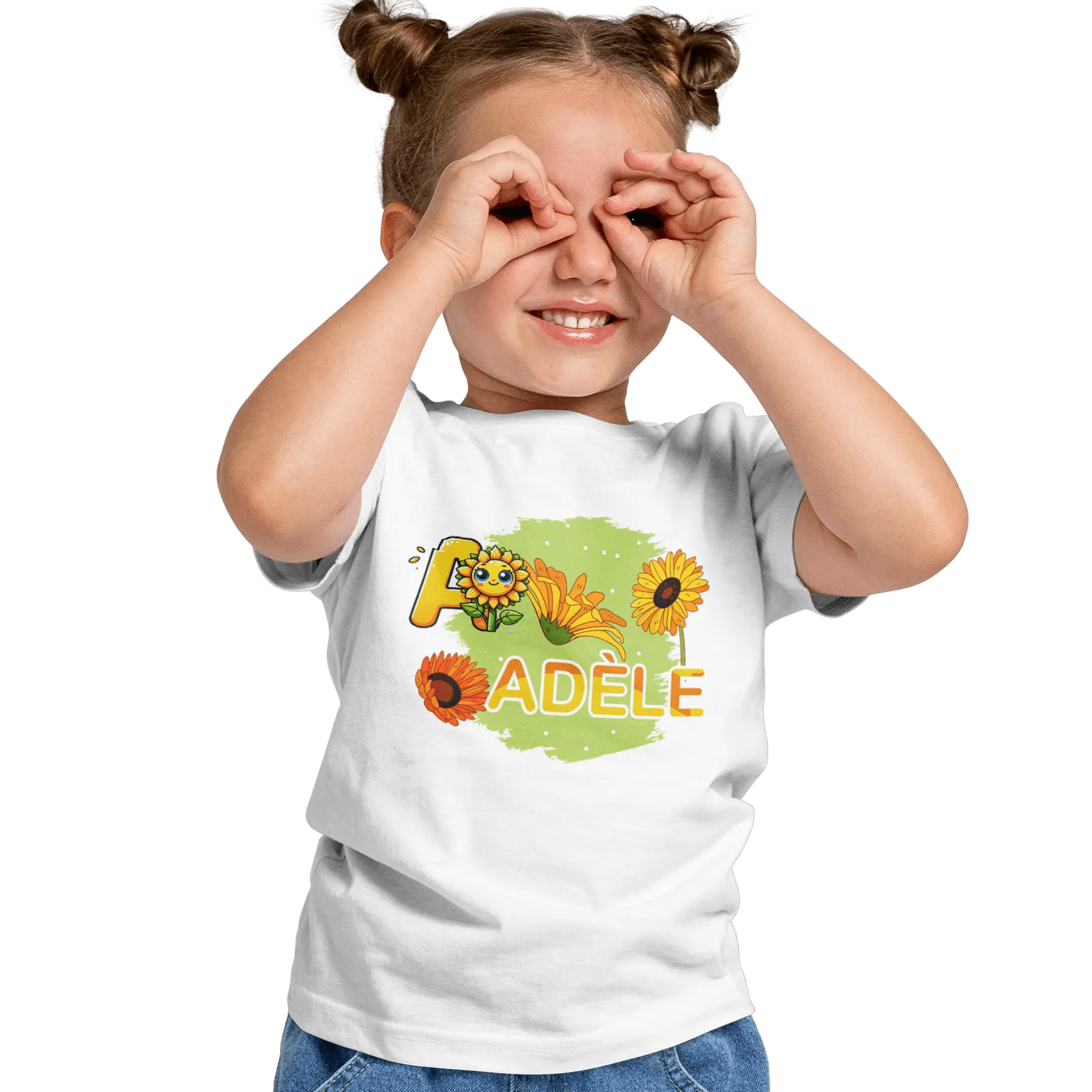 T-shirt personnalisé avec motif visage de tournesol et emoji Pour Fille - Prénom et initiale - MiniLook