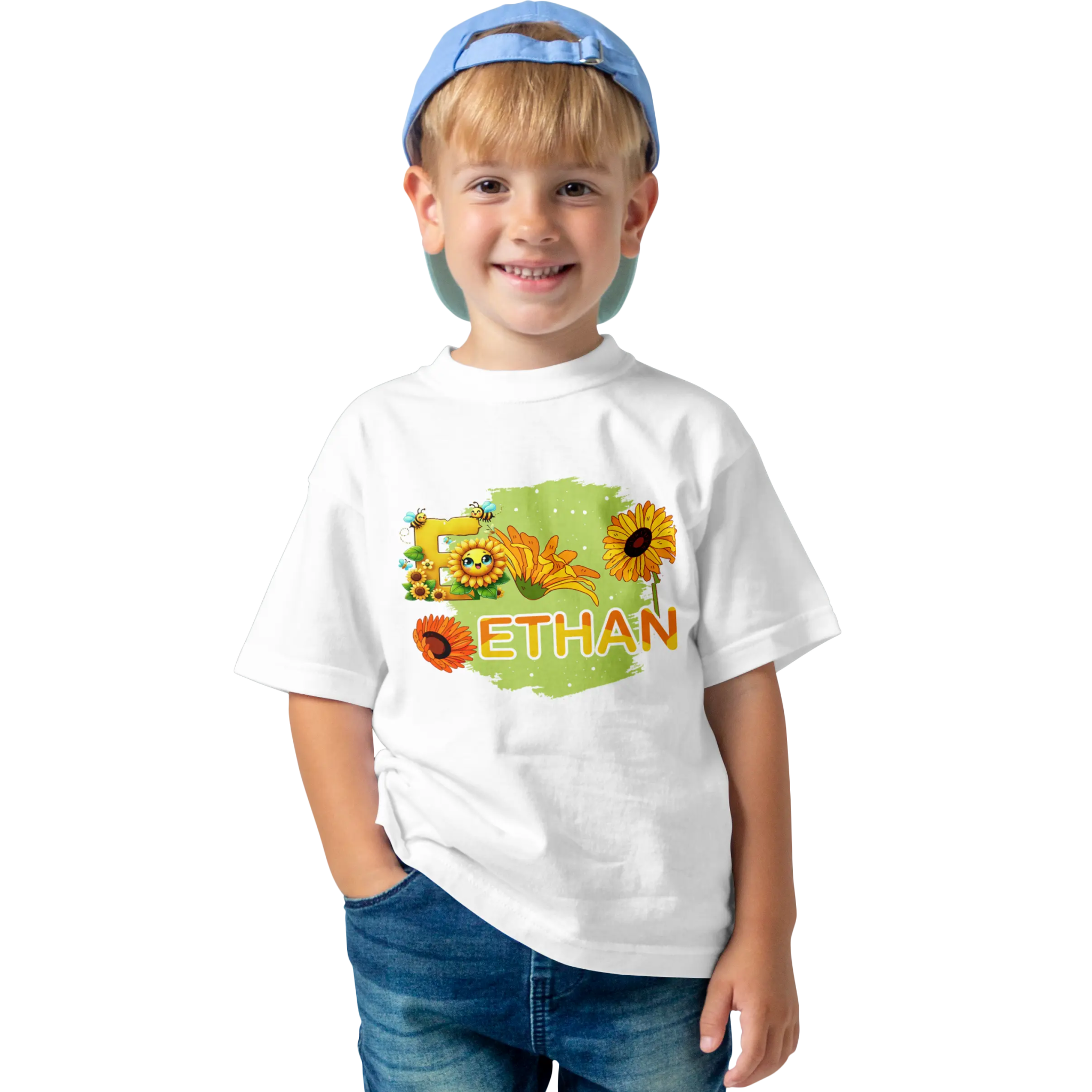 T-shirt personnalisé avec motif visage de tournesol et emoji - Prénom et initiale - MiniLook