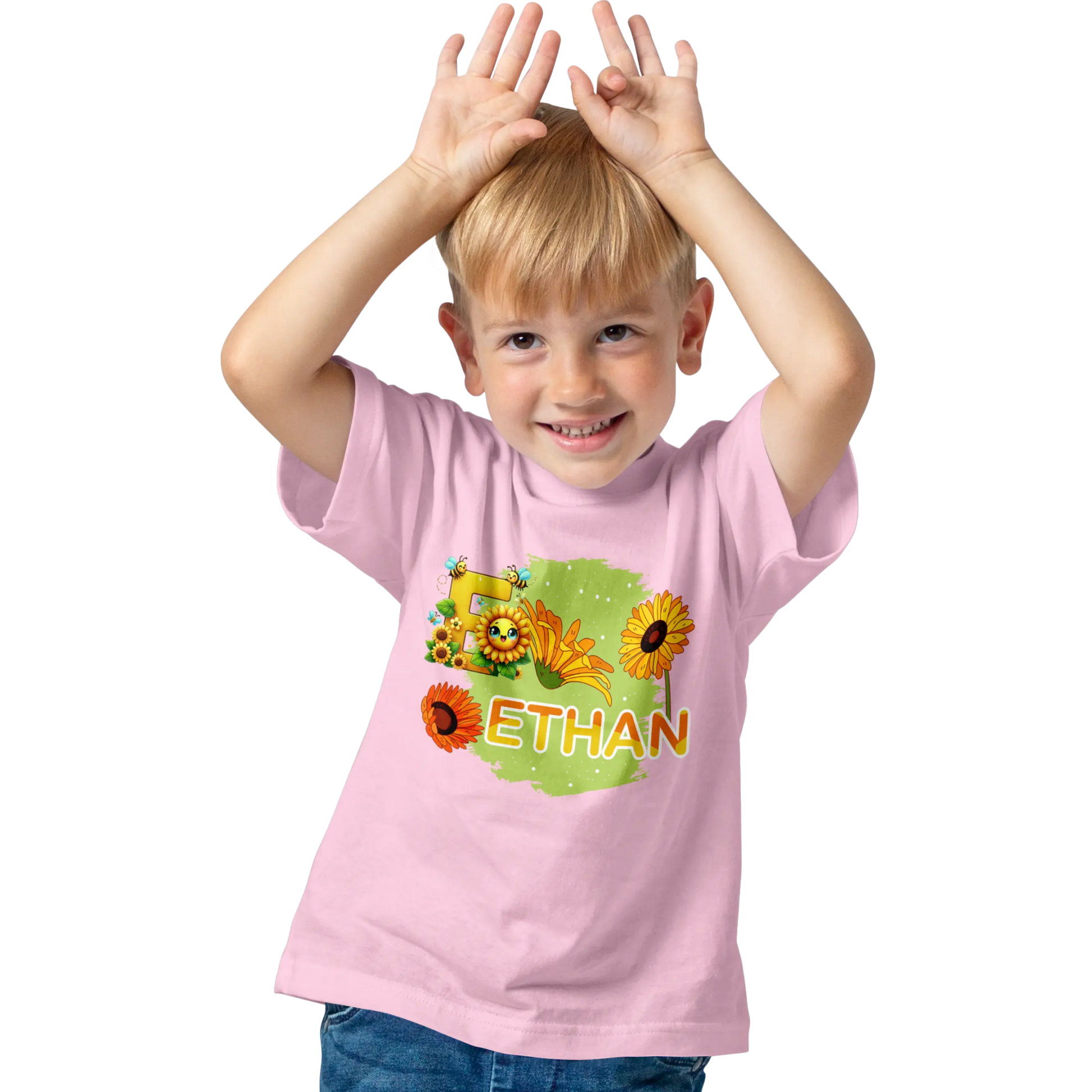 T-shirt personnalisé avec motif visage de tournesol et emoji - Prénom et initiale - MiniLook