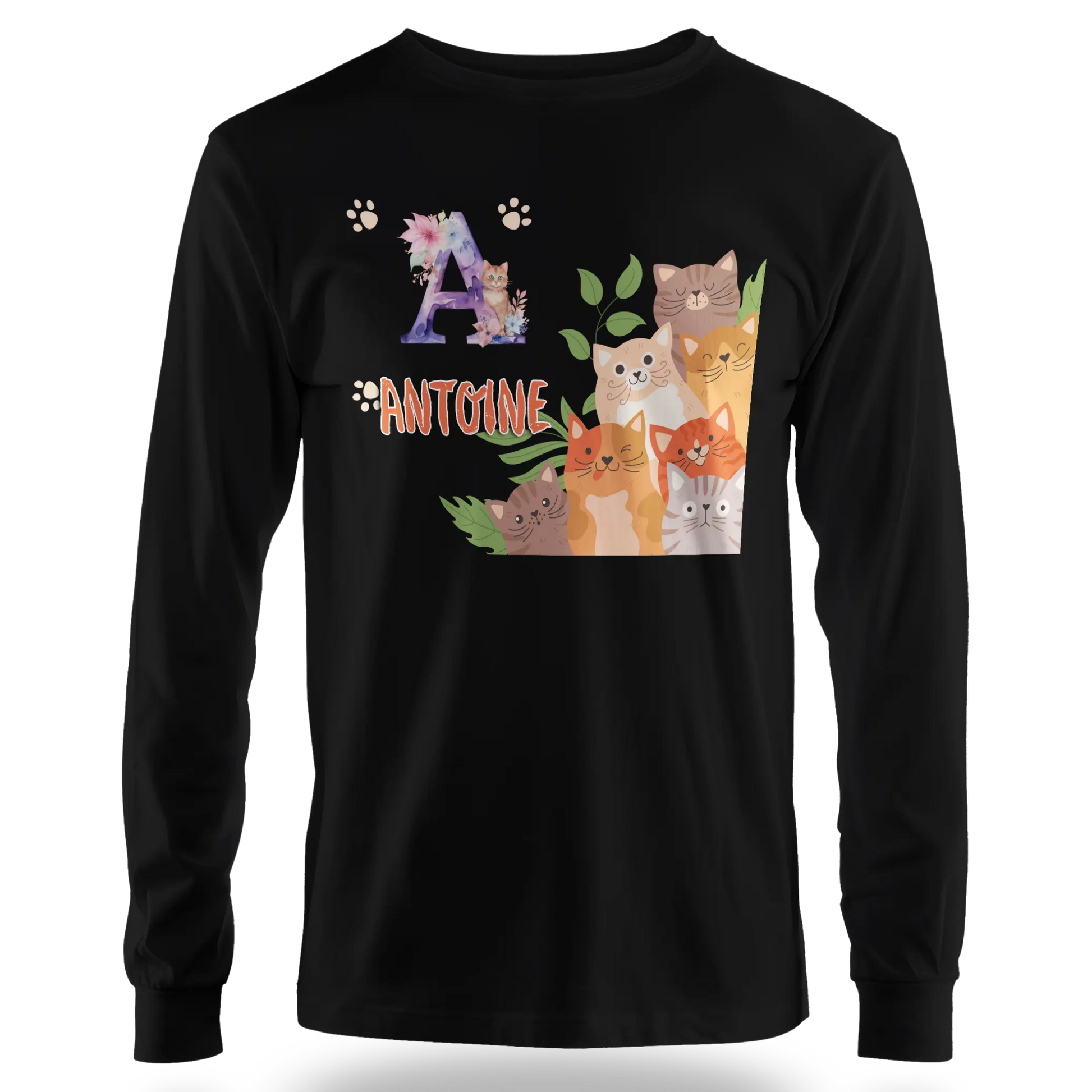 T-shirt personnalisé avec prénom et initiale - Motif famille de chats et pattes - MiniLook