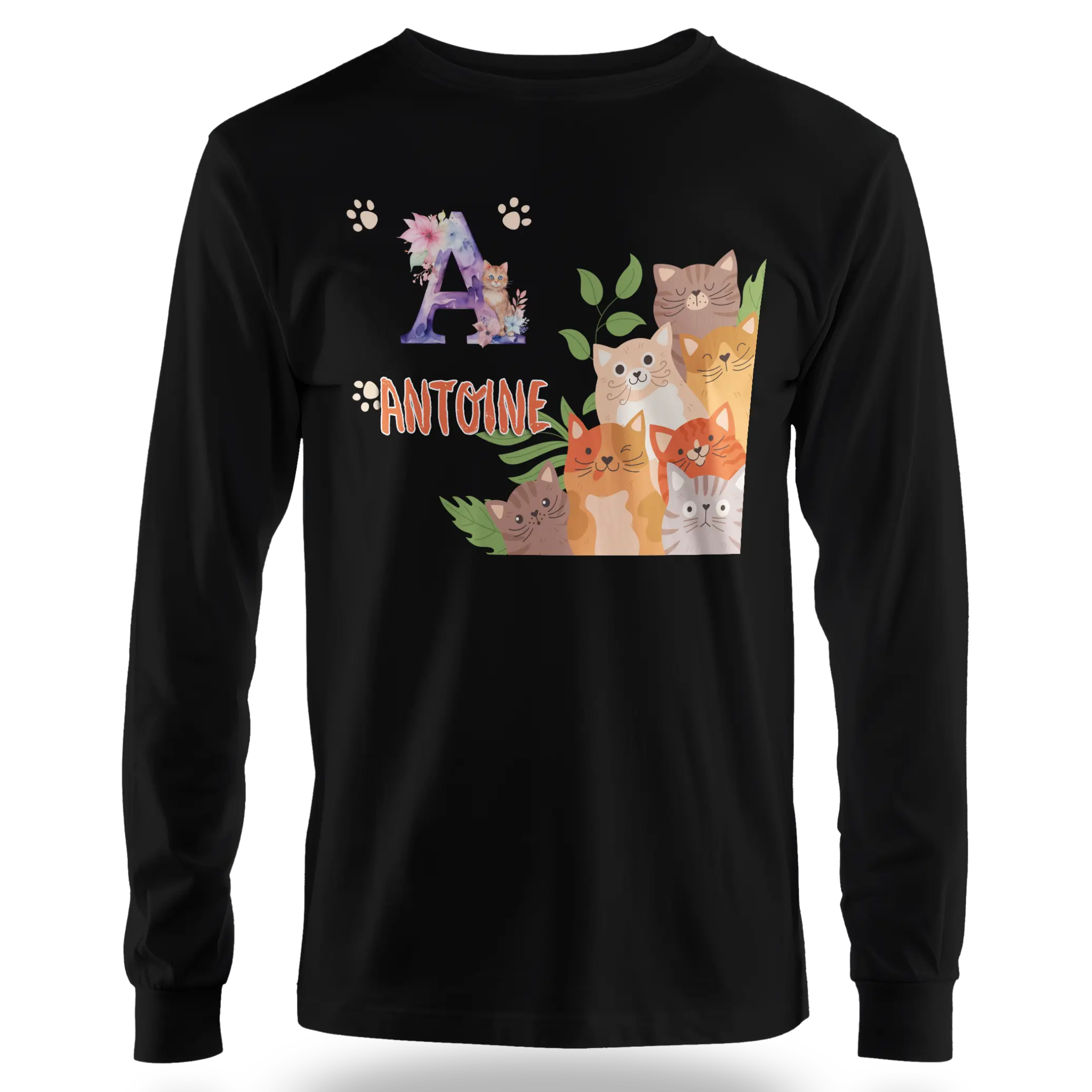 T-shirt personnalisé avec prénom et initiale - Motif famille de chats et pattes - MiniLook