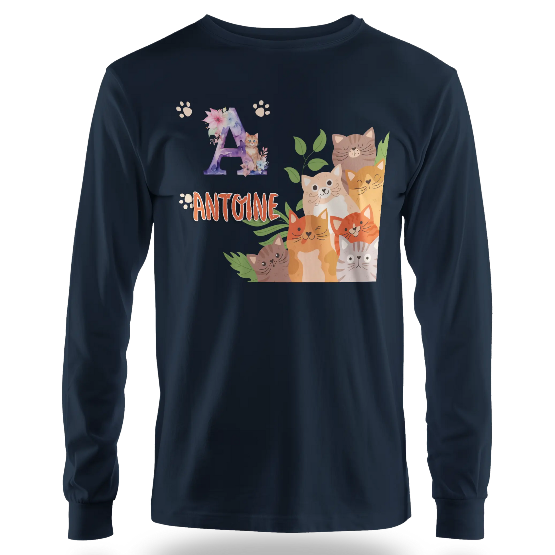 T-shirt personnalisé avec prénom et initiale - Motif famille de chats et pattes - MiniLook