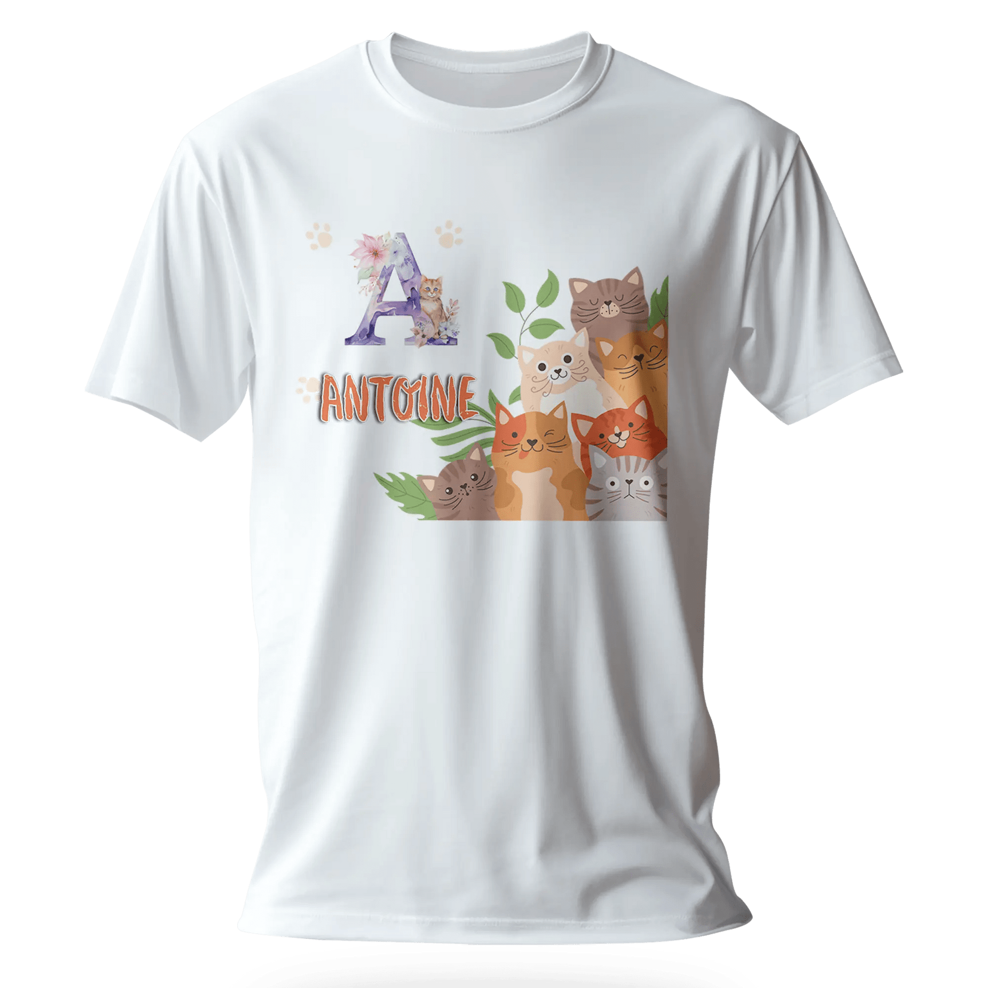 T-shirt personnalisé avec prénom et initiale - Motif famille de chats et pattes - MiniLook