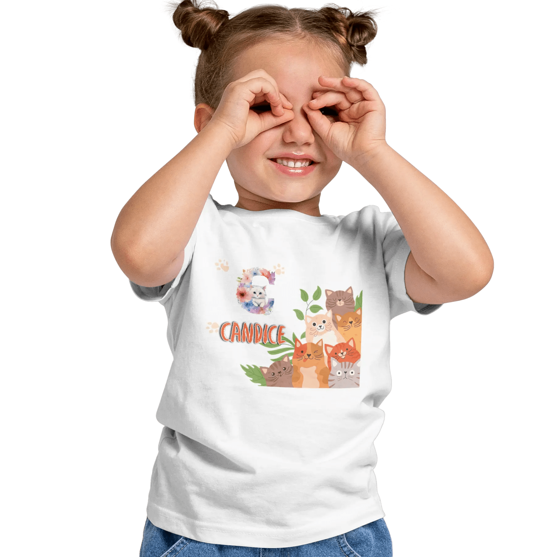 T-shirt personnalisé avec prénom et initiale - Motif famille de chats et pattes pour Fille - MiniLook