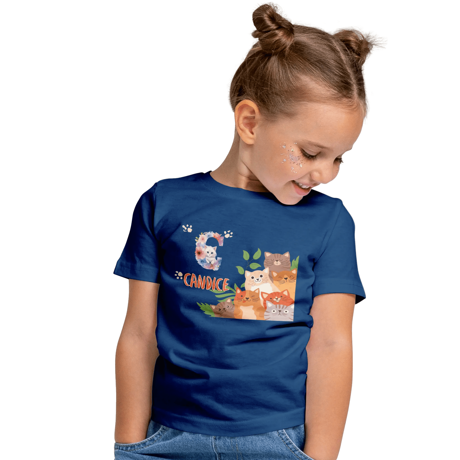 T-shirt personnalisé avec prénom et initiale - Motif famille de chats et pattes pour Fille - MiniLook