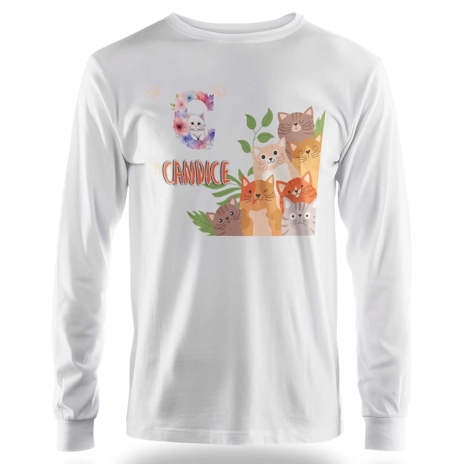 T-shirt personnalisé avec prénom et initiale - Motif famille de chats et pattes pour Fille - MiniLook