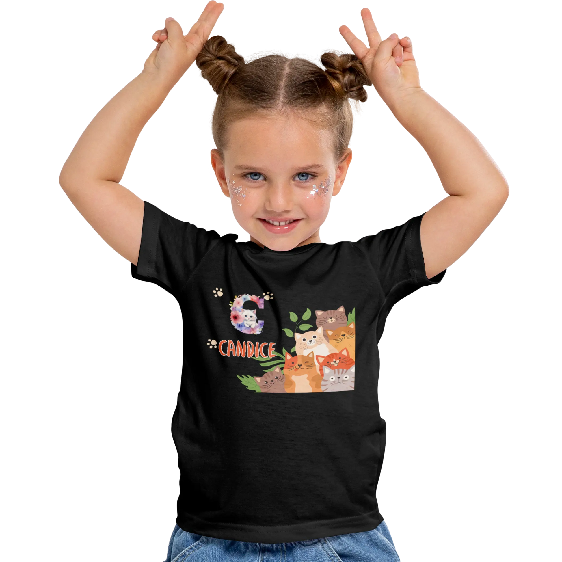 T-shirt personnalisé avec prénom et initiale - Motif famille de chats et pattes pour Fille - MiniLook