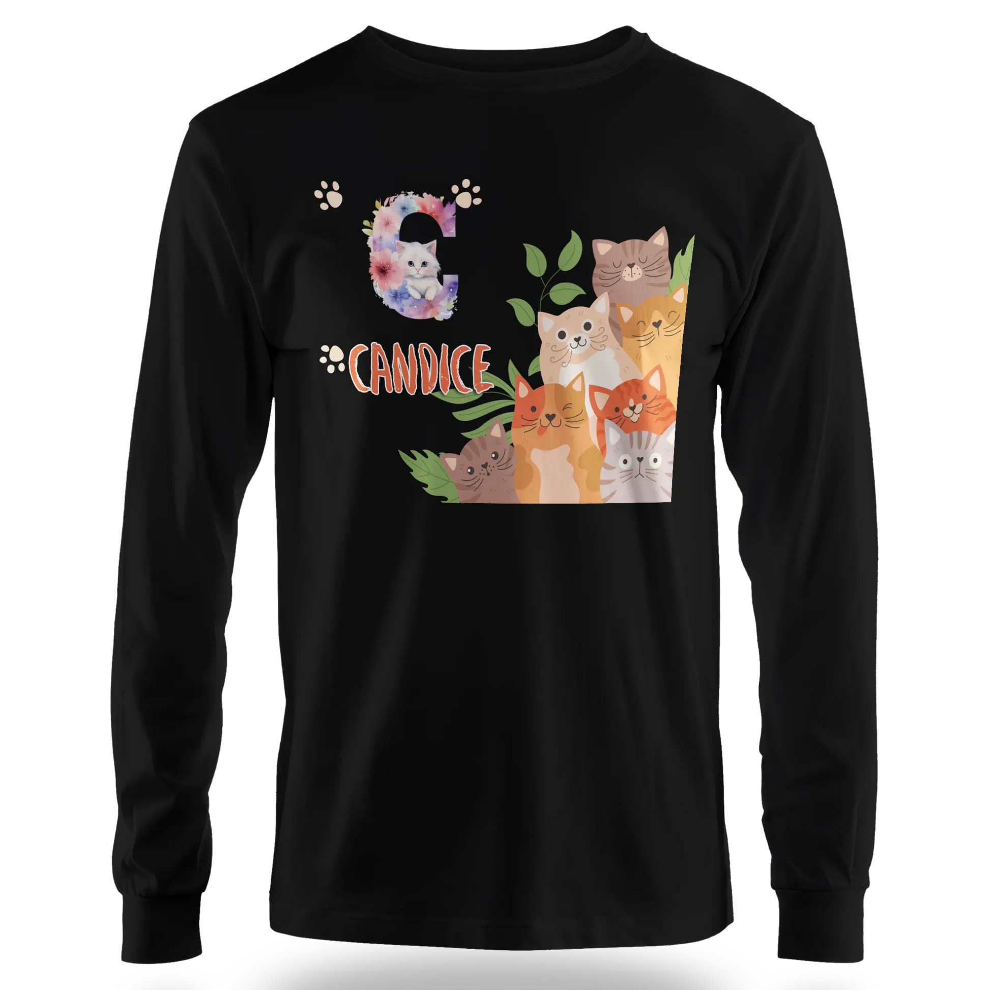 T-shirt personnalisé avec prénom et initiale - Motif famille de chats et pattes pour Fille - MiniLook