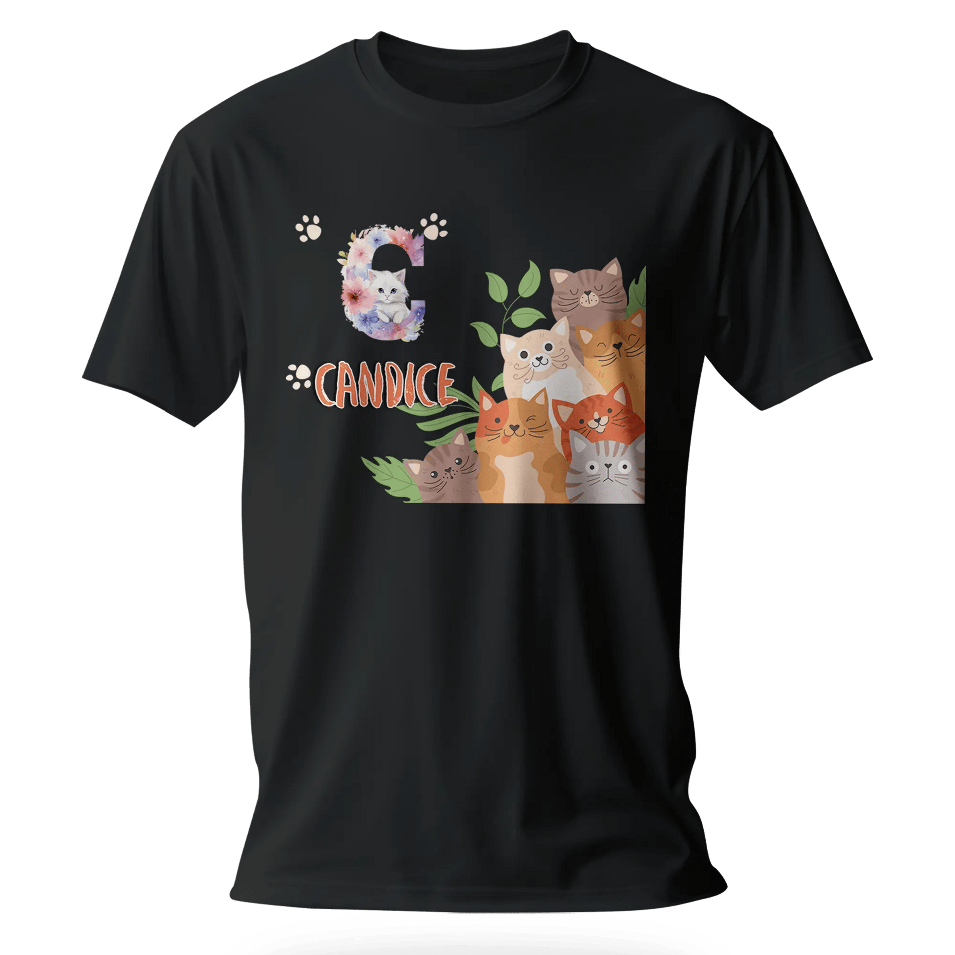 T-shirt personnalisé avec prénom et initiale - Motif famille de chats et pattes pour Fille - MiniLook