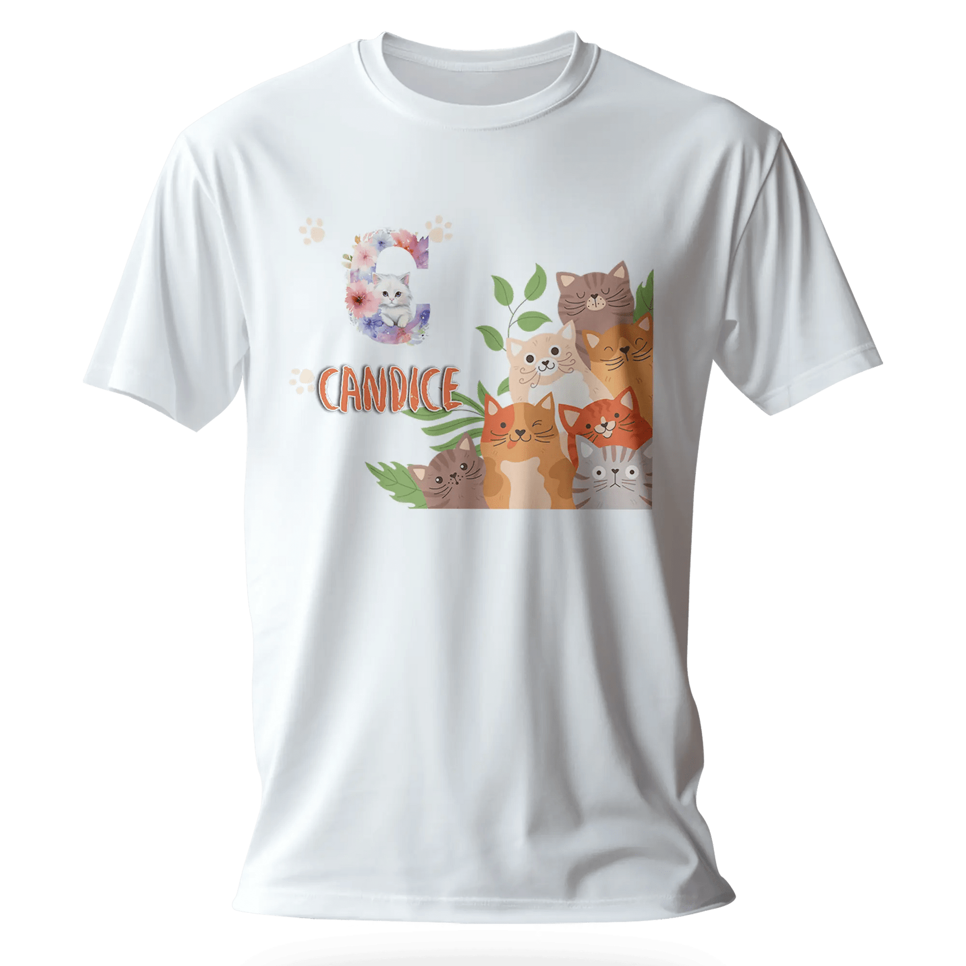 T-shirt personnalisé avec prénom et initiale - Motif famille de chats et pattes pour Fille - MiniLook