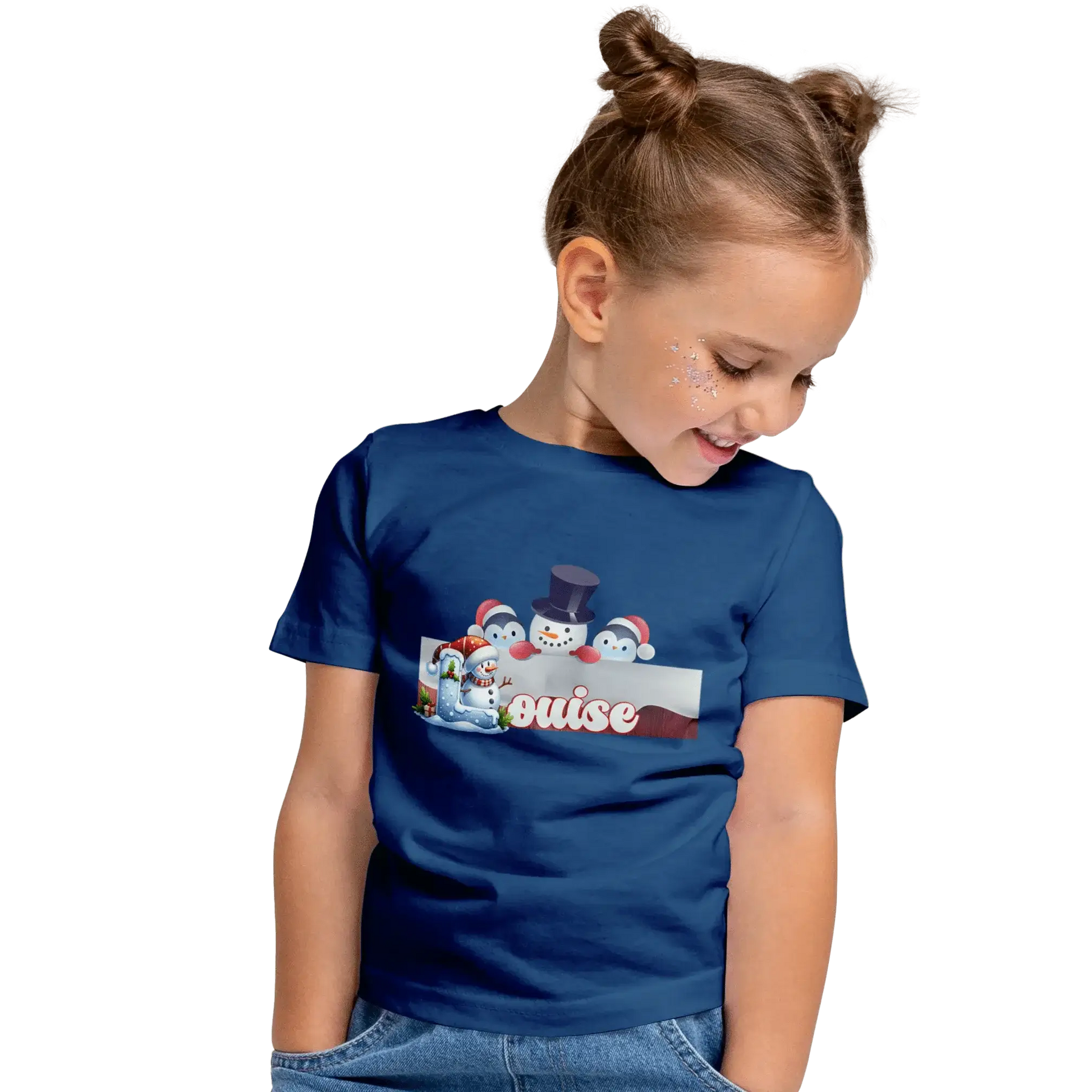 T-Shirt Personnalisé Bonhomme de Neige Tenant Un Paysage Pour Filles - Prénom - MiniLook