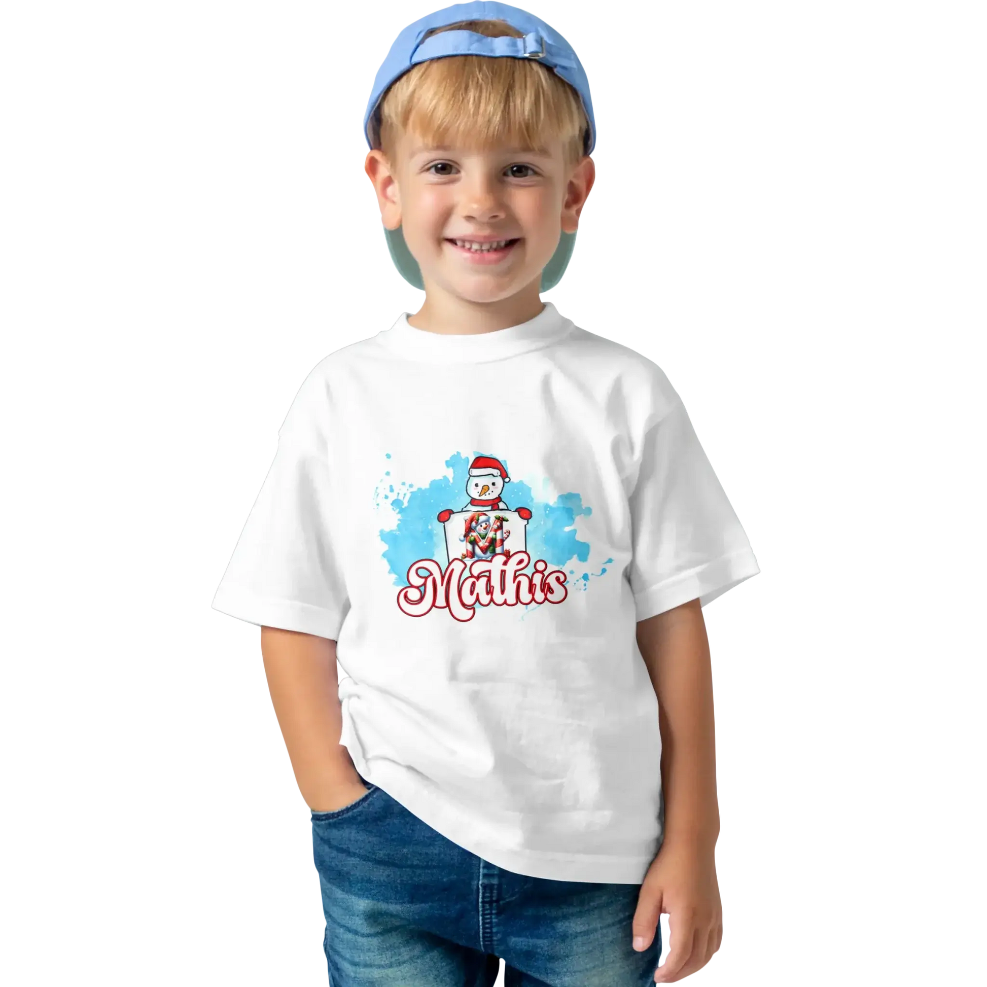 T-shirt personnalisé bonhomme de neige tenant une initiale - Initiale et prénom - MiniLook