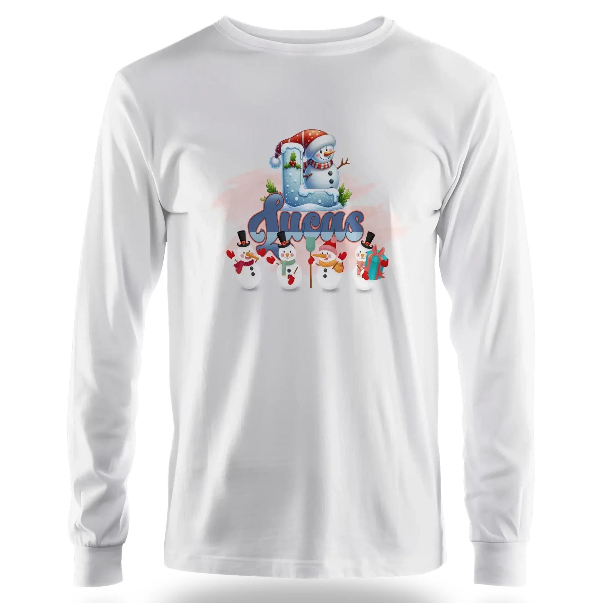 T-shirt personnalisé de Noël avec bonhomme de neige et bonnet de Père Noël - Initiale et prénom - MiniLook