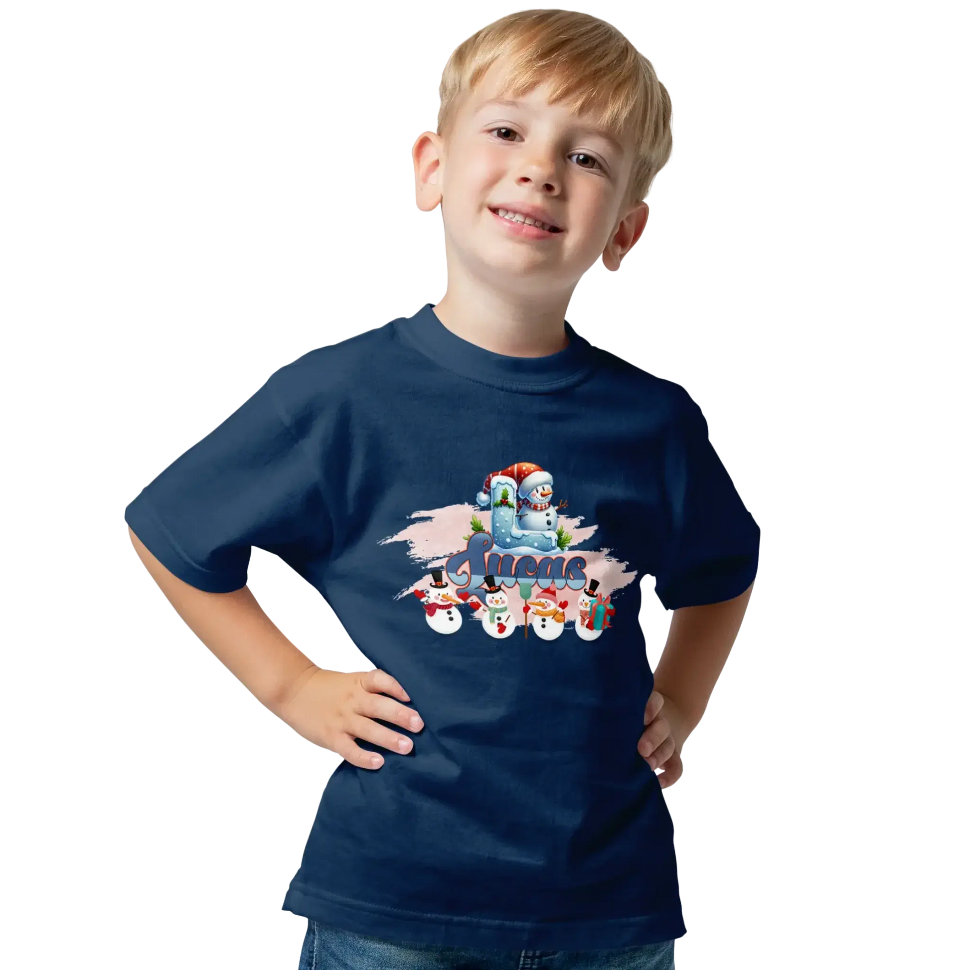 T-shirt personnalisé de Noël avec bonhomme de neige et bonnet de Père Noël - Initiale et prénom - MiniLook