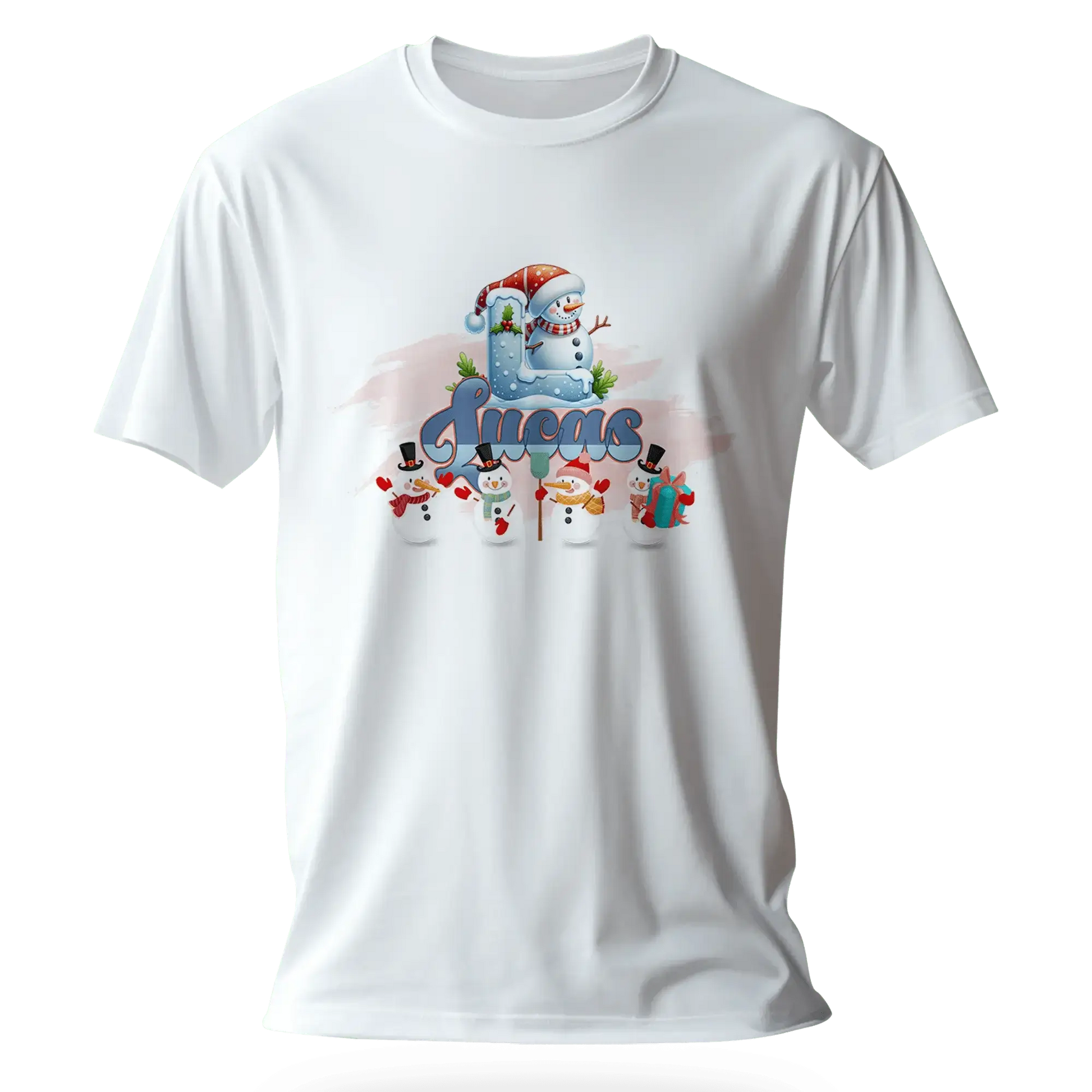 T-shirt personnalisé de Noël avec bonhomme de neige et bonnet de Père Noël - Initiale et prénom - MiniLook