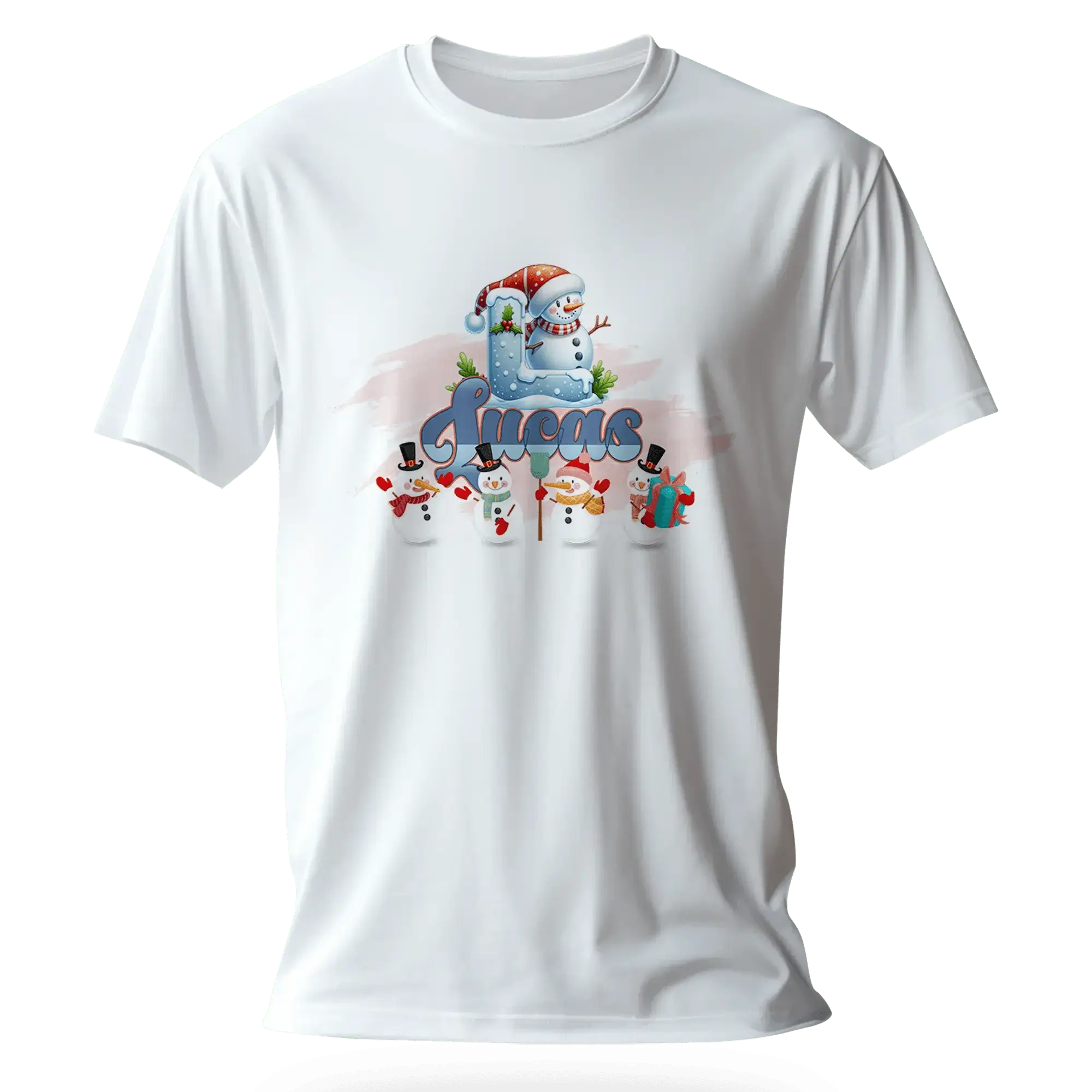 T-shirt personnalisé de Noël avec bonhomme de neige et bonnet de Père Noël - Initiale et prénom - MiniLook