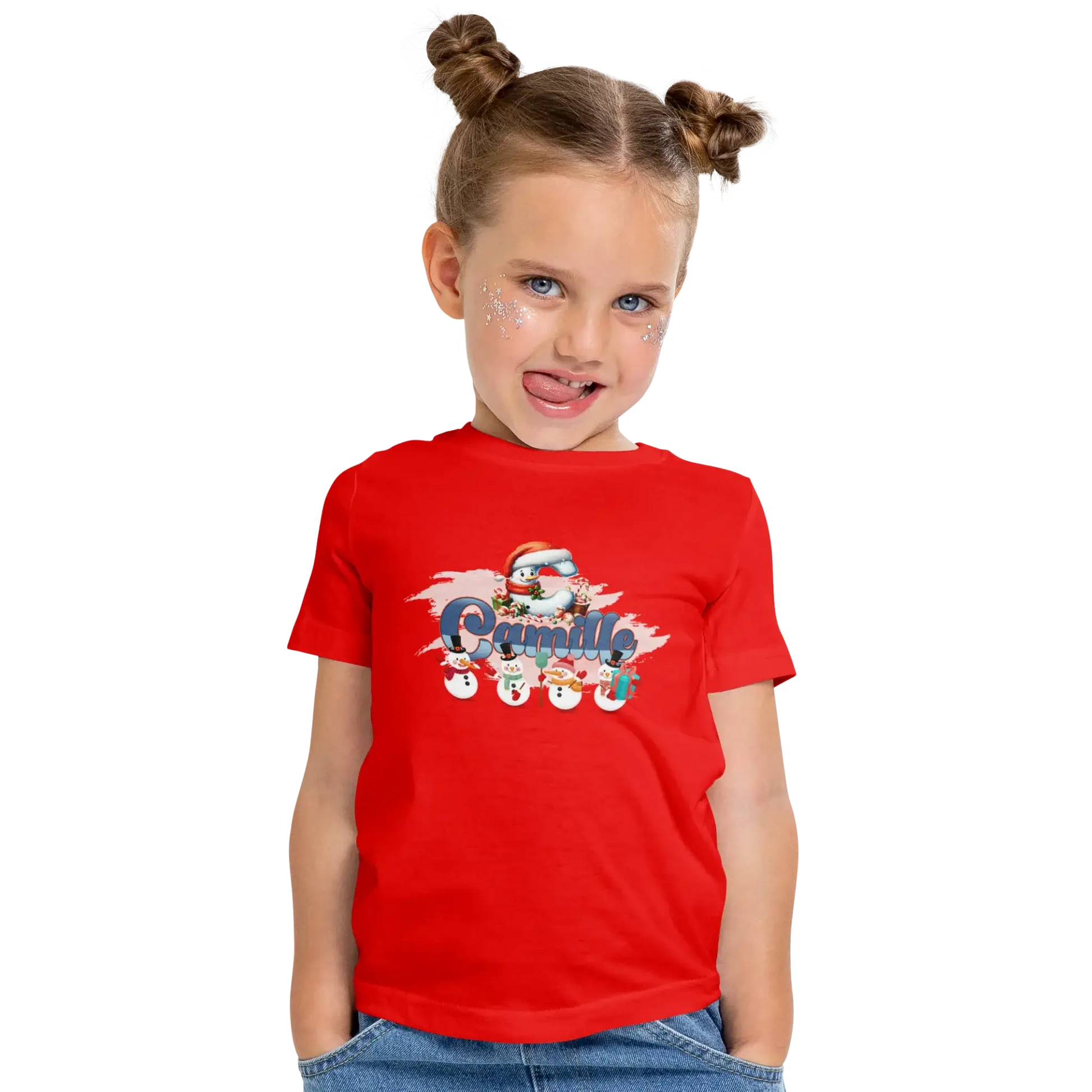 T-shirt personnalisé de Noël avec bonhomme de neige et bonnet de Père Noël pour filles - Initiale et prénom - MiniLook