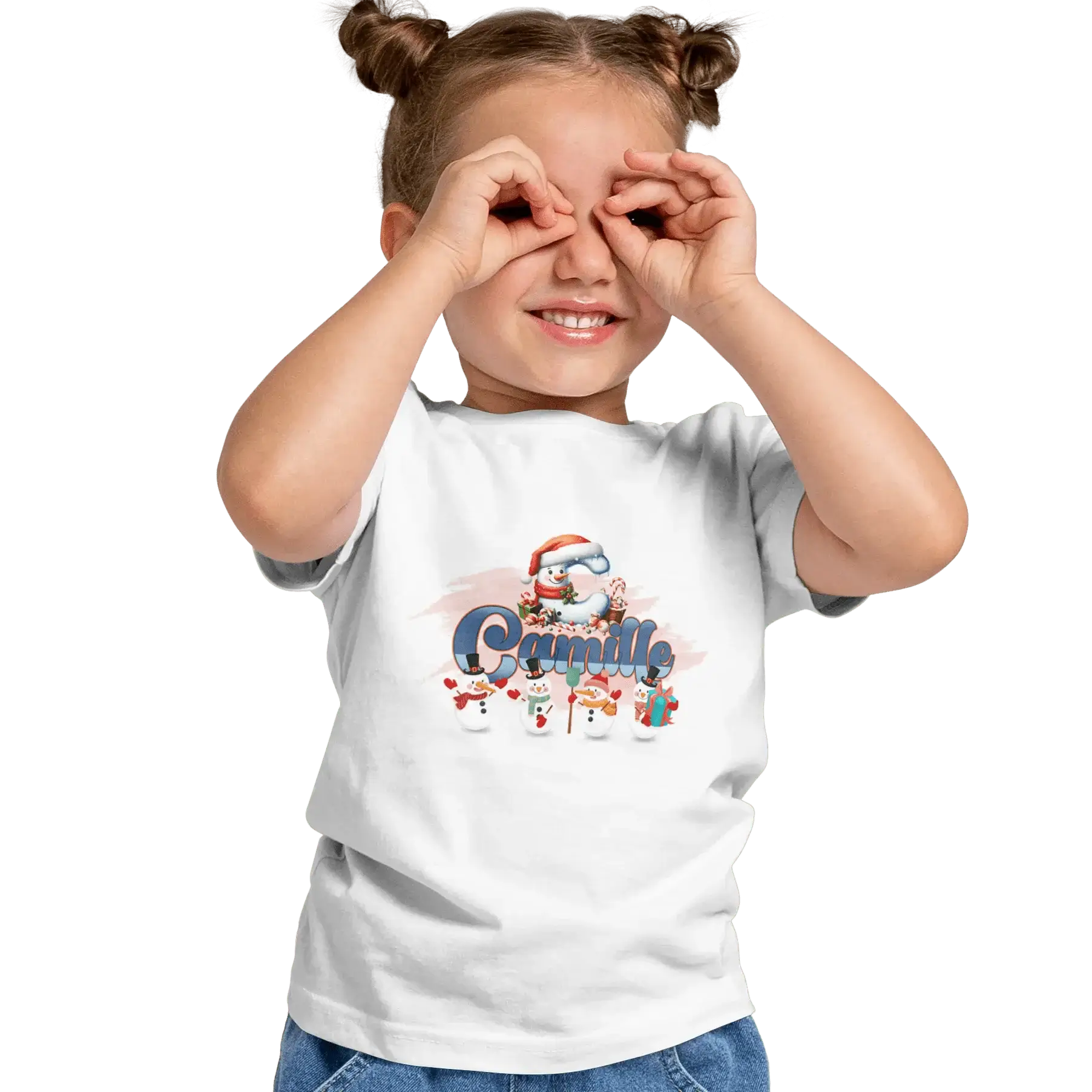 T-shirt personnalisé de Noël avec bonhomme de neige et bonnet de Père Noël pour filles - Initiale et prénom - MiniLook