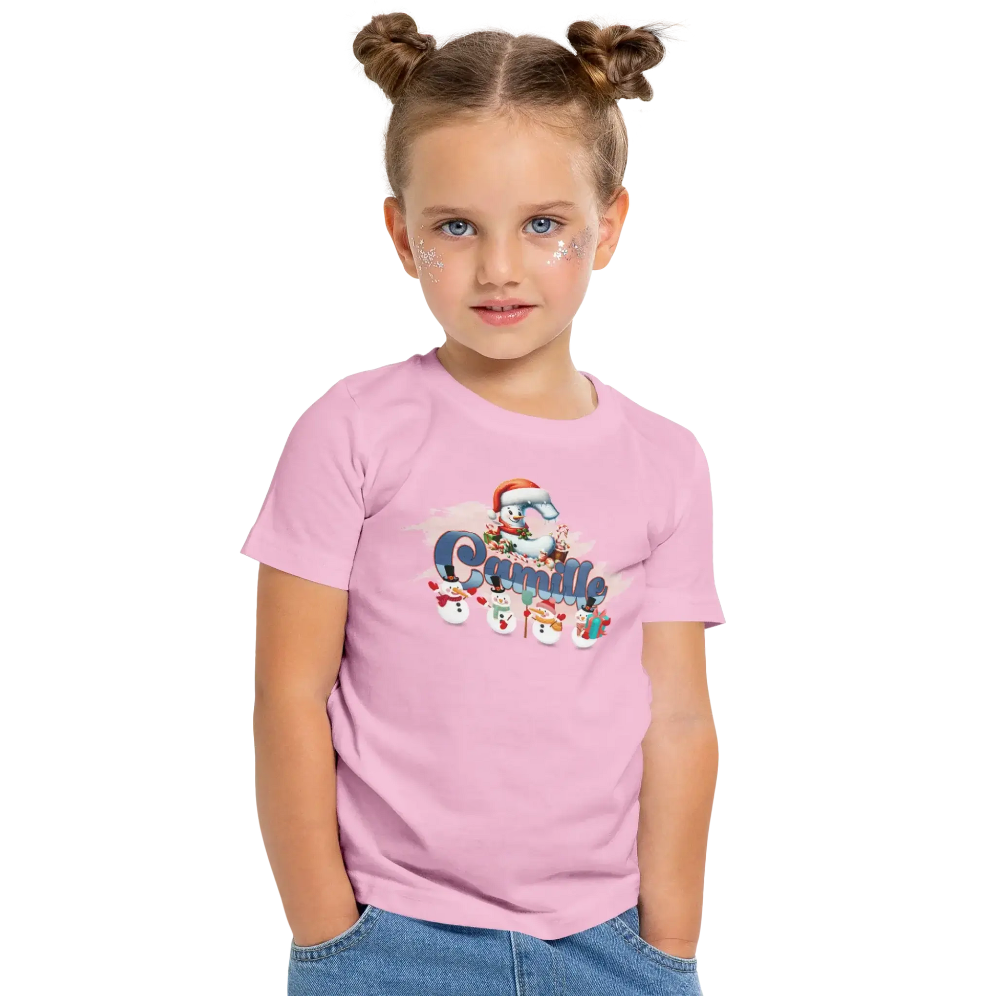 T-shirt personnalisé de Noël avec bonhomme de neige et bonnet de Père Noël pour filles - Initiale et prénom - MiniLook