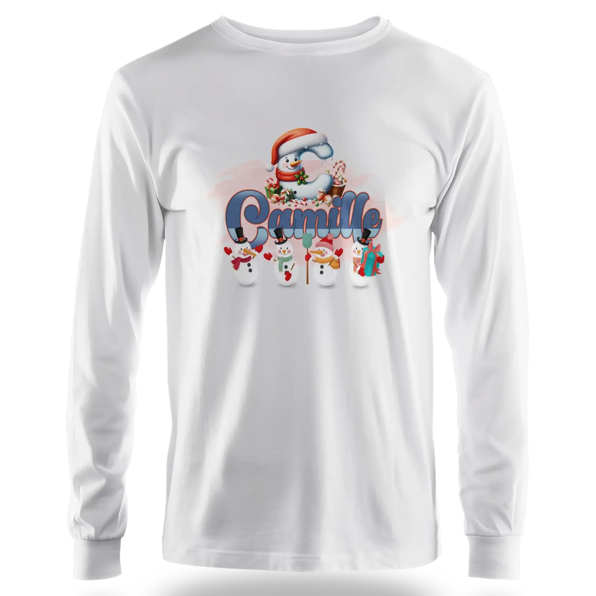 T-shirt personnalisé de Noël avec bonhomme de neige et bonnet de Père Noël pour filles - Initiale et prénom - MiniLook