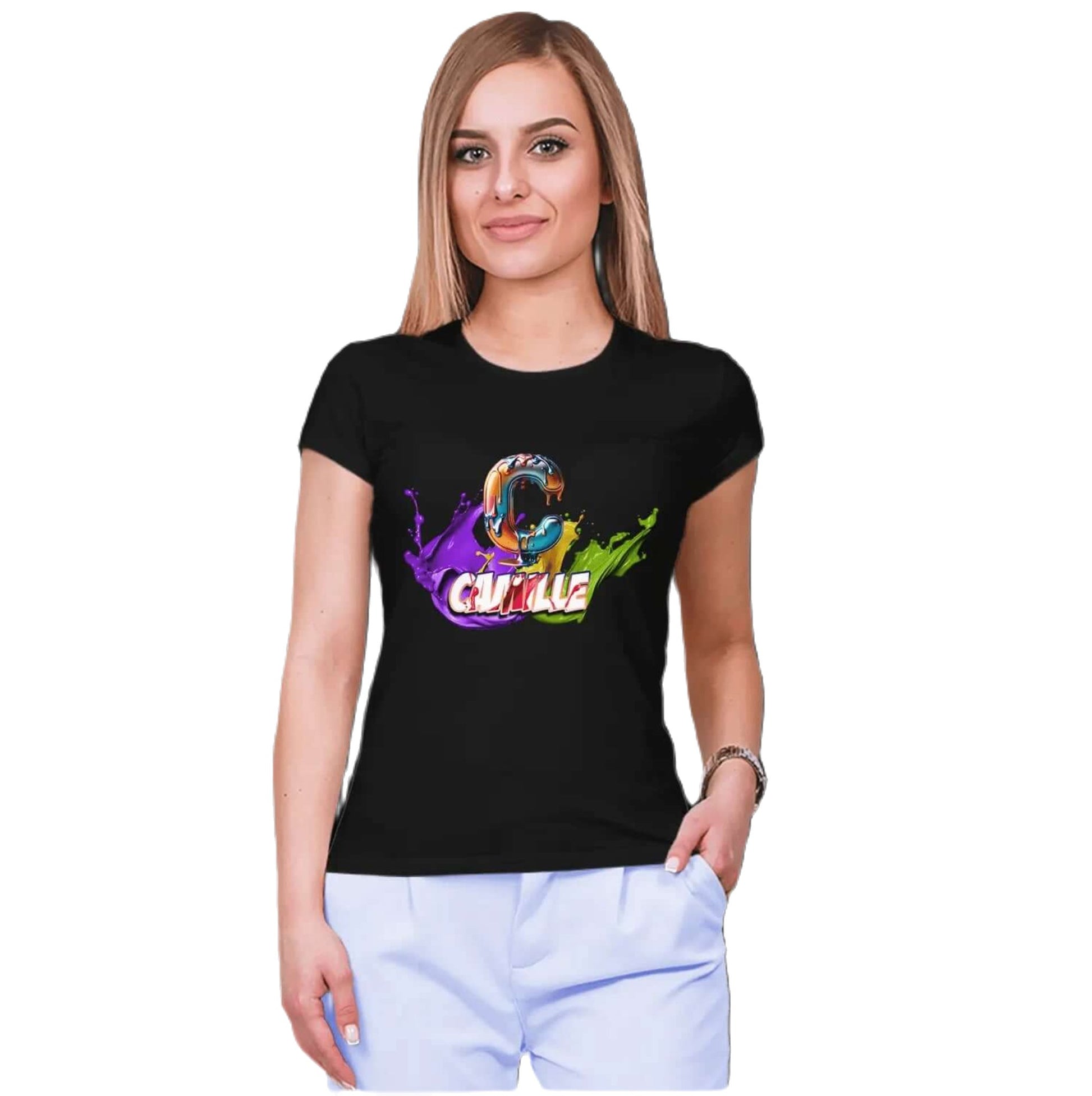 T shirt personnalisé femme – Initiale et prénom avec design peinture splash - MiniLook