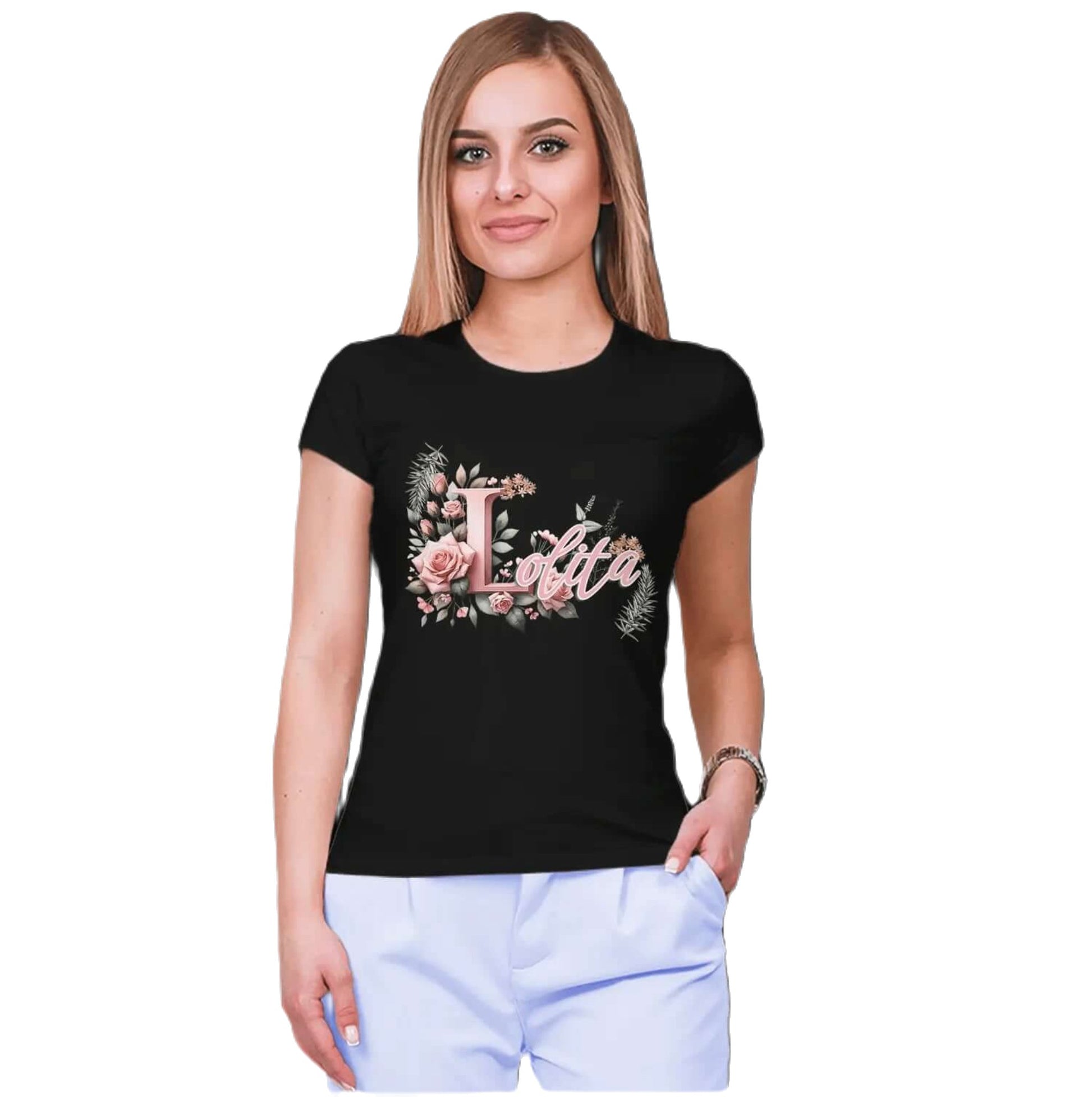 T shirt personnalisé femme – Prénom avec design de branches et fleurs rosées - MiniLook