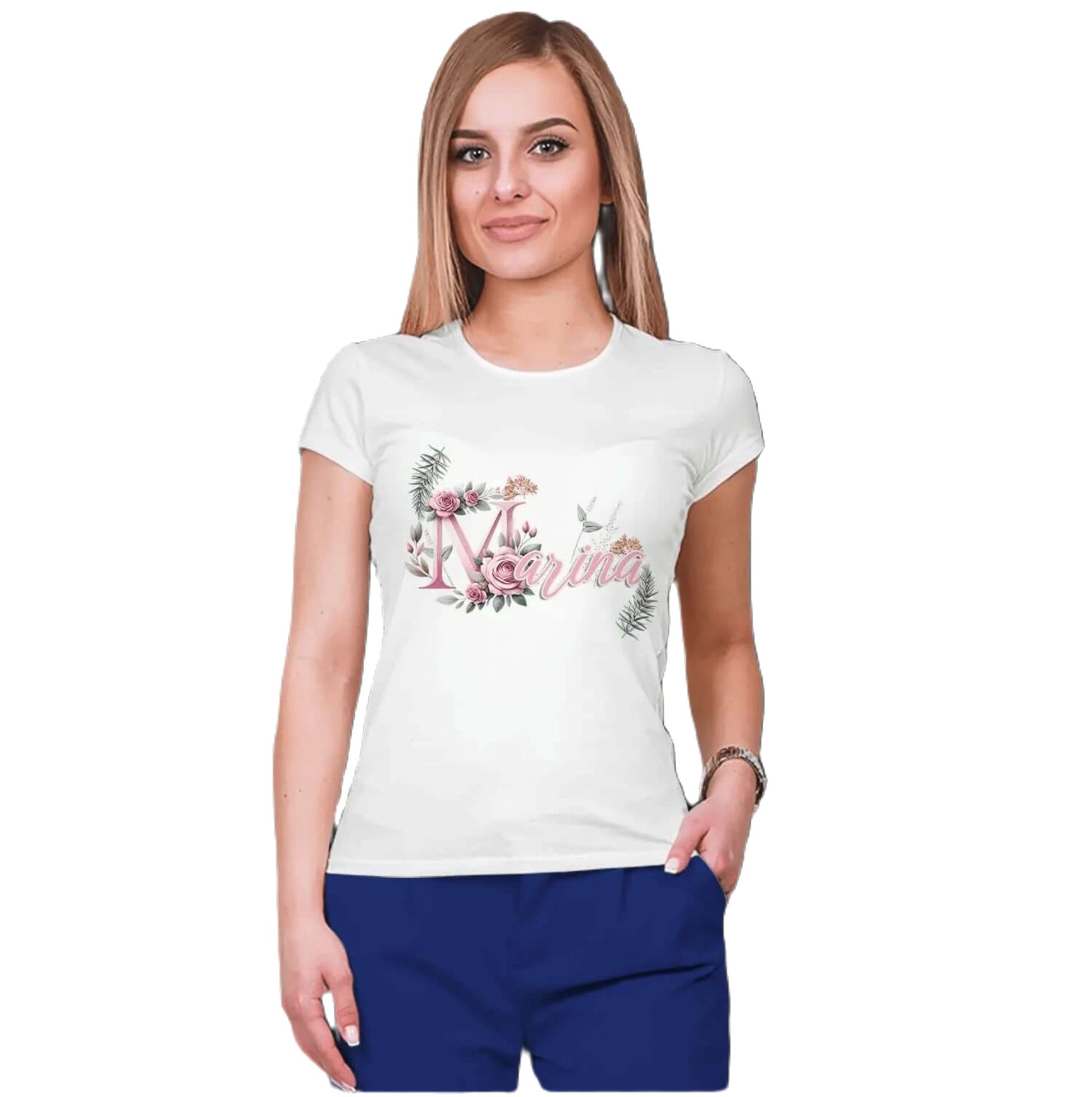 T shirt personnalisé femme – Prénom avec design de branches et fleurs rosées - MiniLook