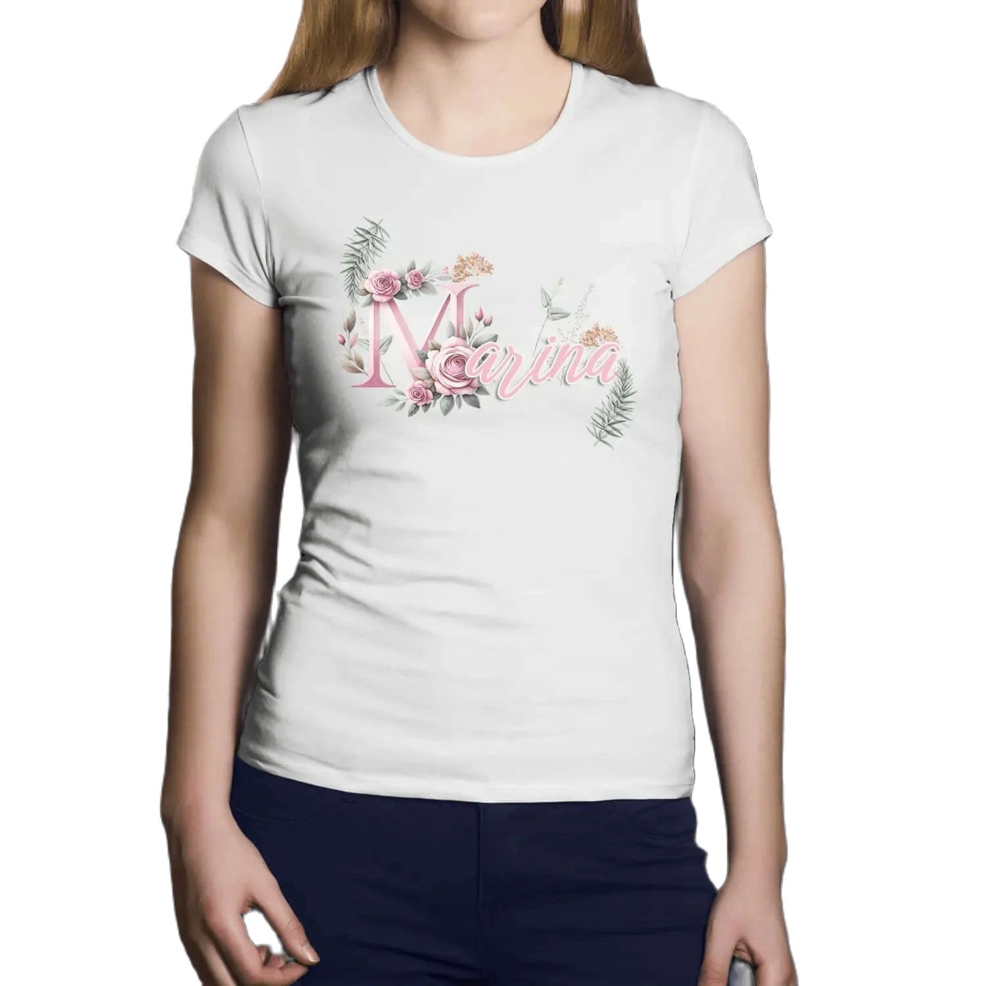 T shirt personnalisé femme – Prénom avec design de branches et fleurs rosées - MiniLook