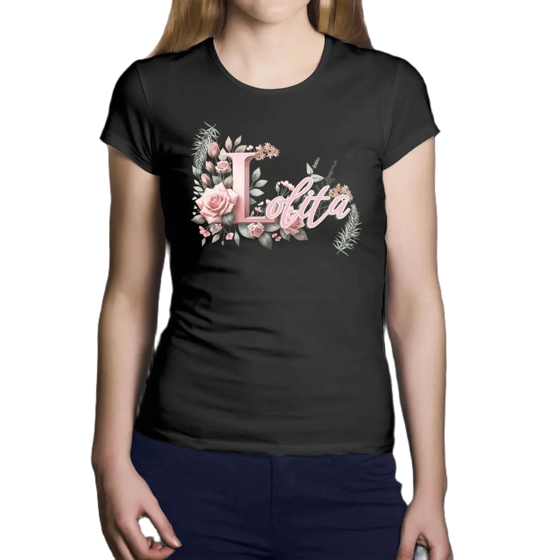 T shirt personnalisé femme – Prénom avec design de branches et fleurs rosées - MiniLook