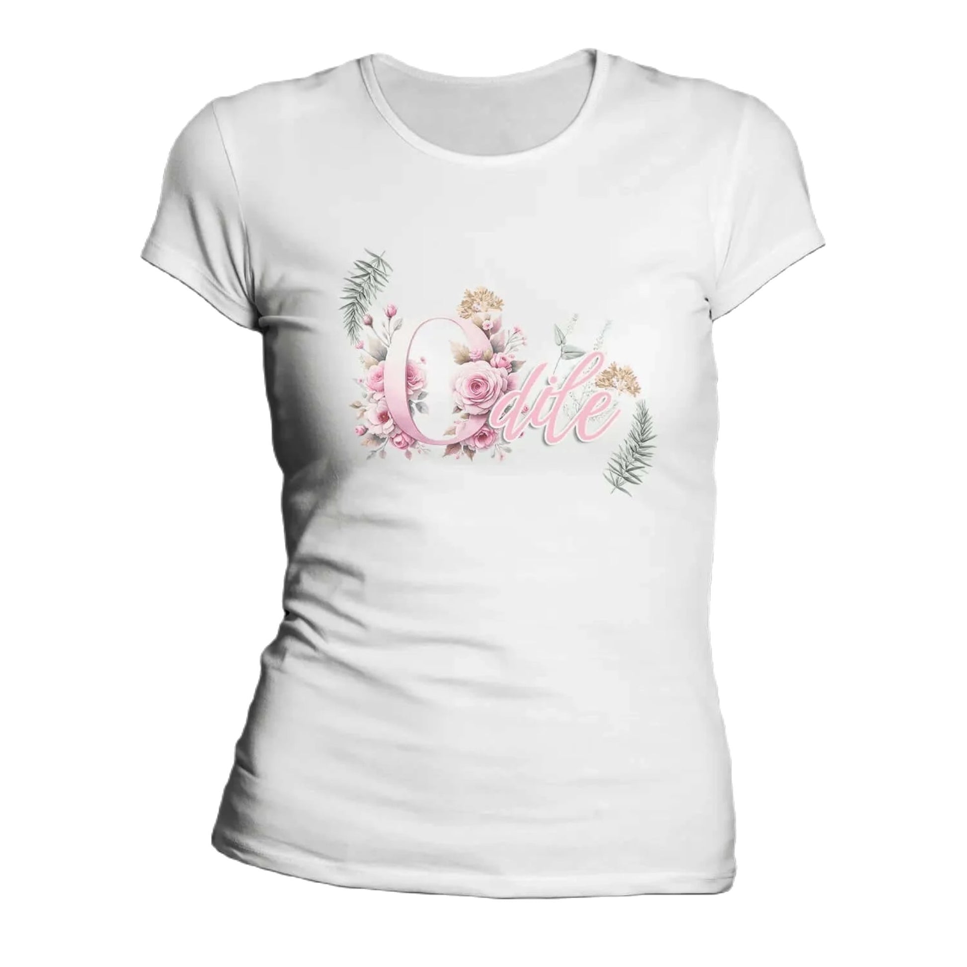 T shirt personnalisé femme – Prénom avec design de branches et fleurs rosées - MiniLook