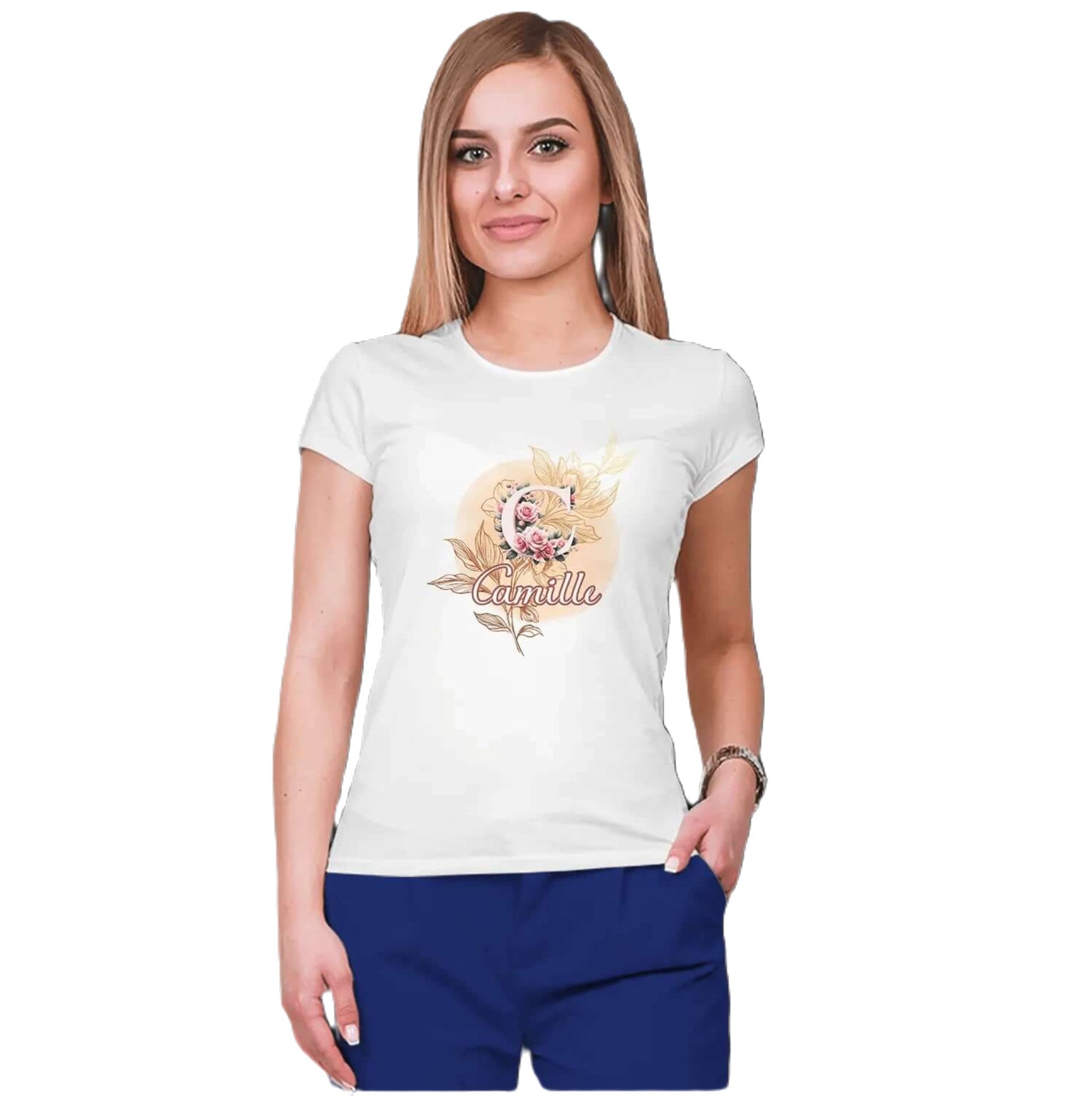 T shirt personnalisé femme – Prénom et motif floral avec initiale - MiniLook