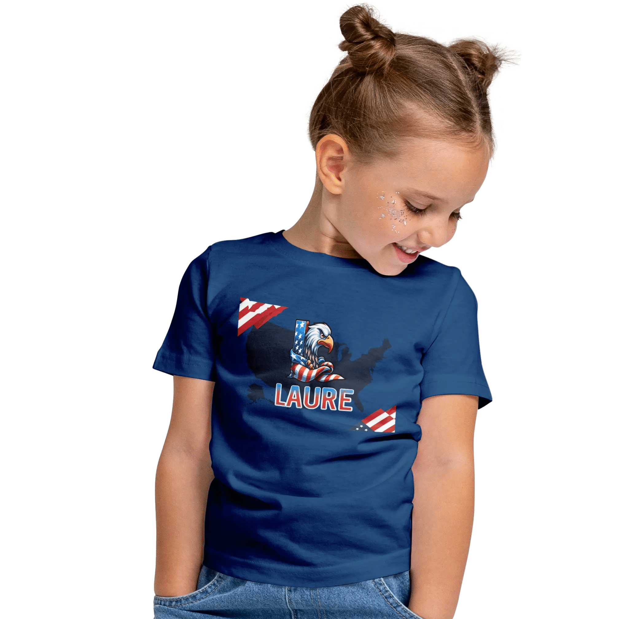 T-Shirt Personnalisé Fille Aigle & Carte USA avec Motif Drapeau - Prénom et Initiale - MiniLook