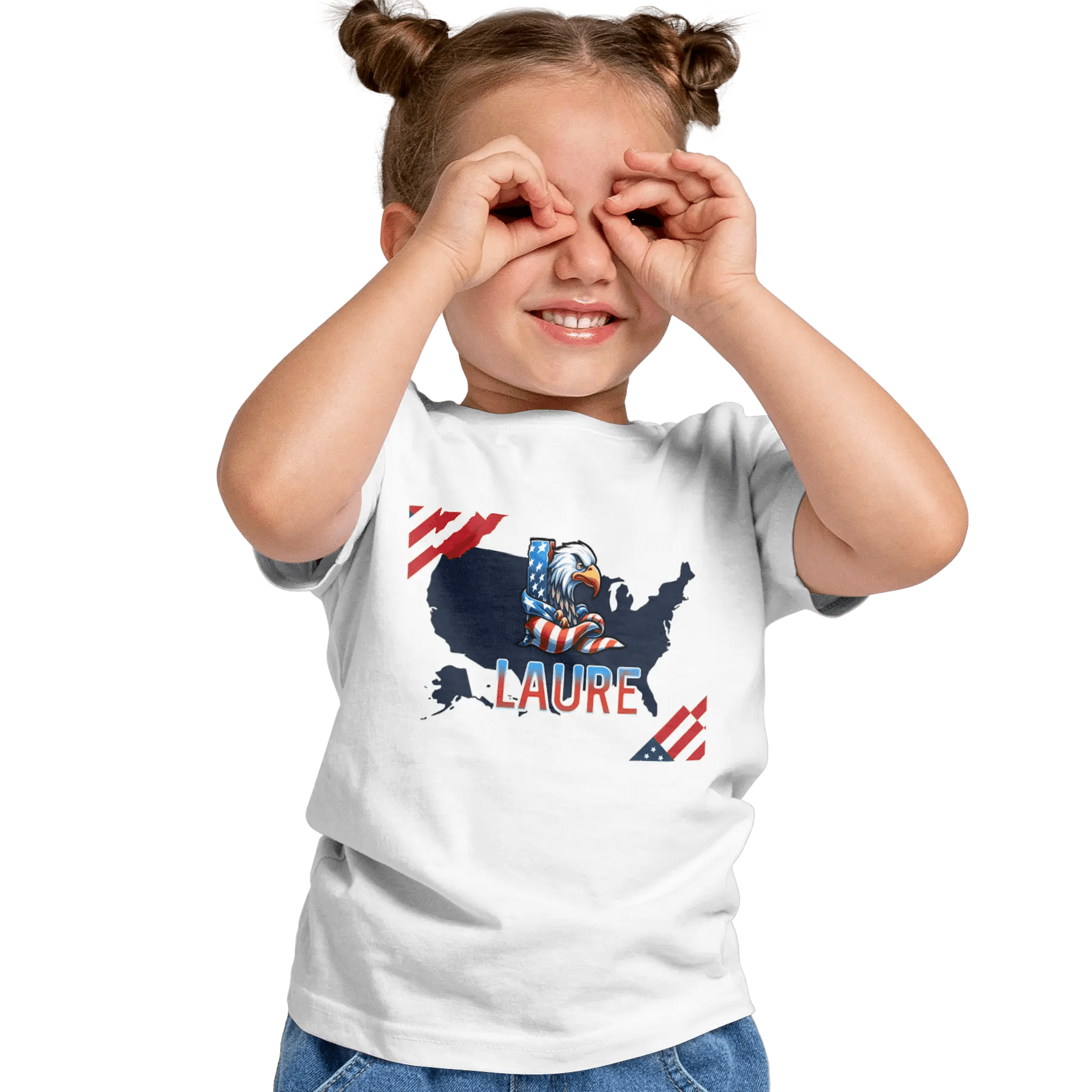 T-Shirt Personnalisé Fille Aigle & Carte USA avec Motif Drapeau - Prénom et Initiale - MiniLook