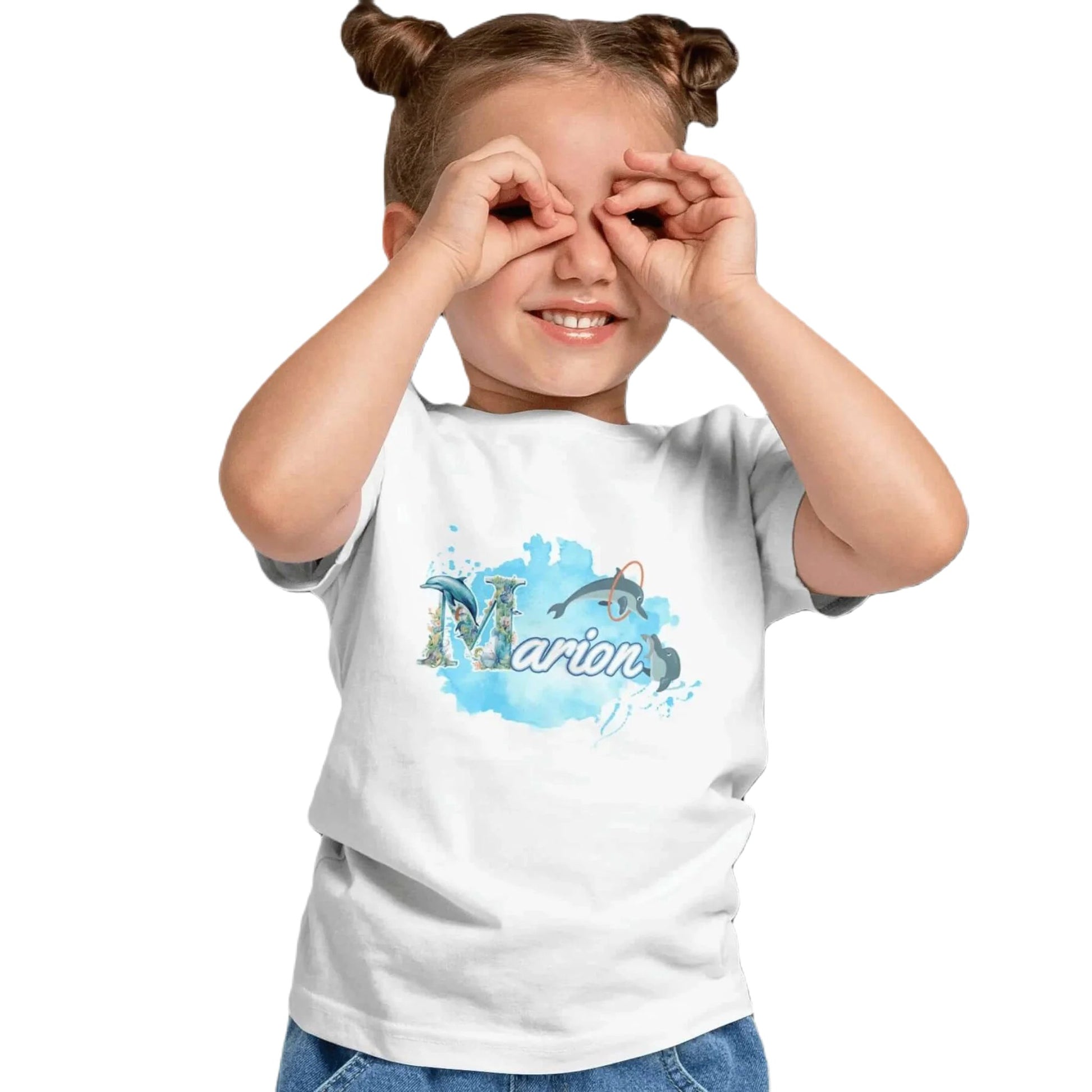 T shirt personnalisé fille – Motif dauphin et cascade d'anneaux avec prénom - MiniLook