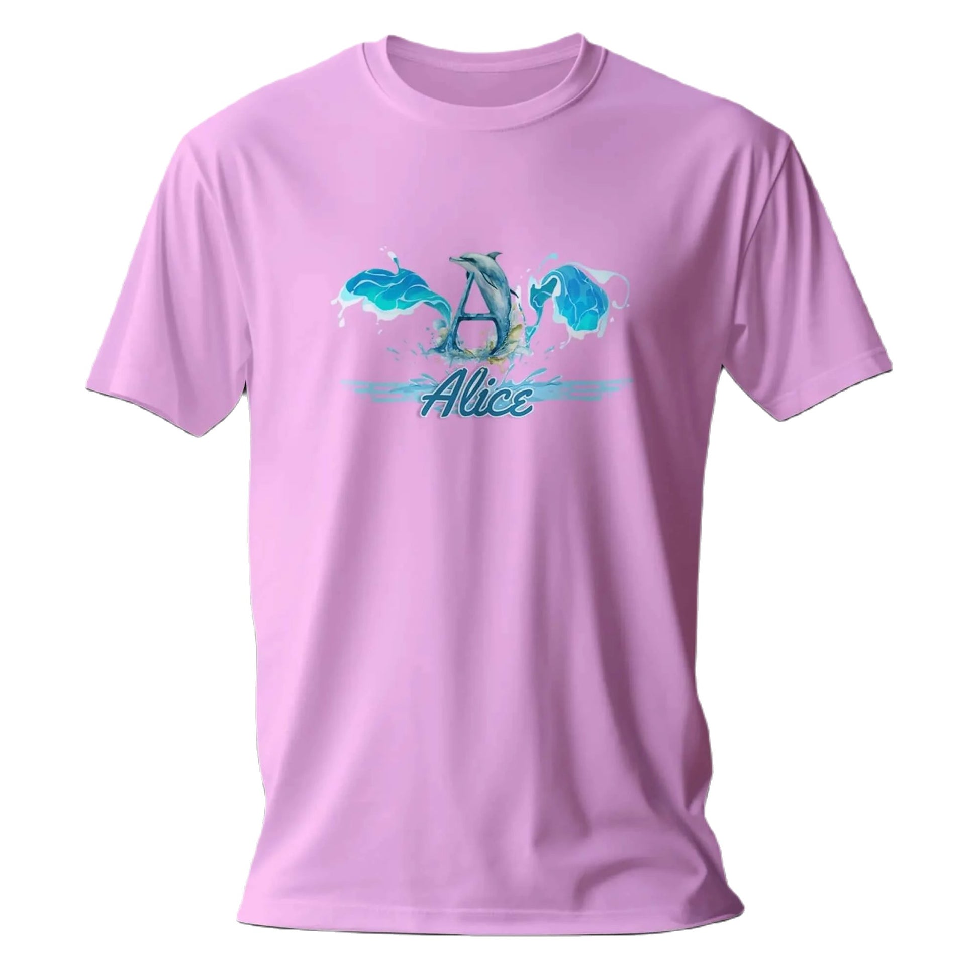 T shirt personnalisé fille – Motif dauphin et éclaboussures d’eau avec prénom et initiale - MiniLook