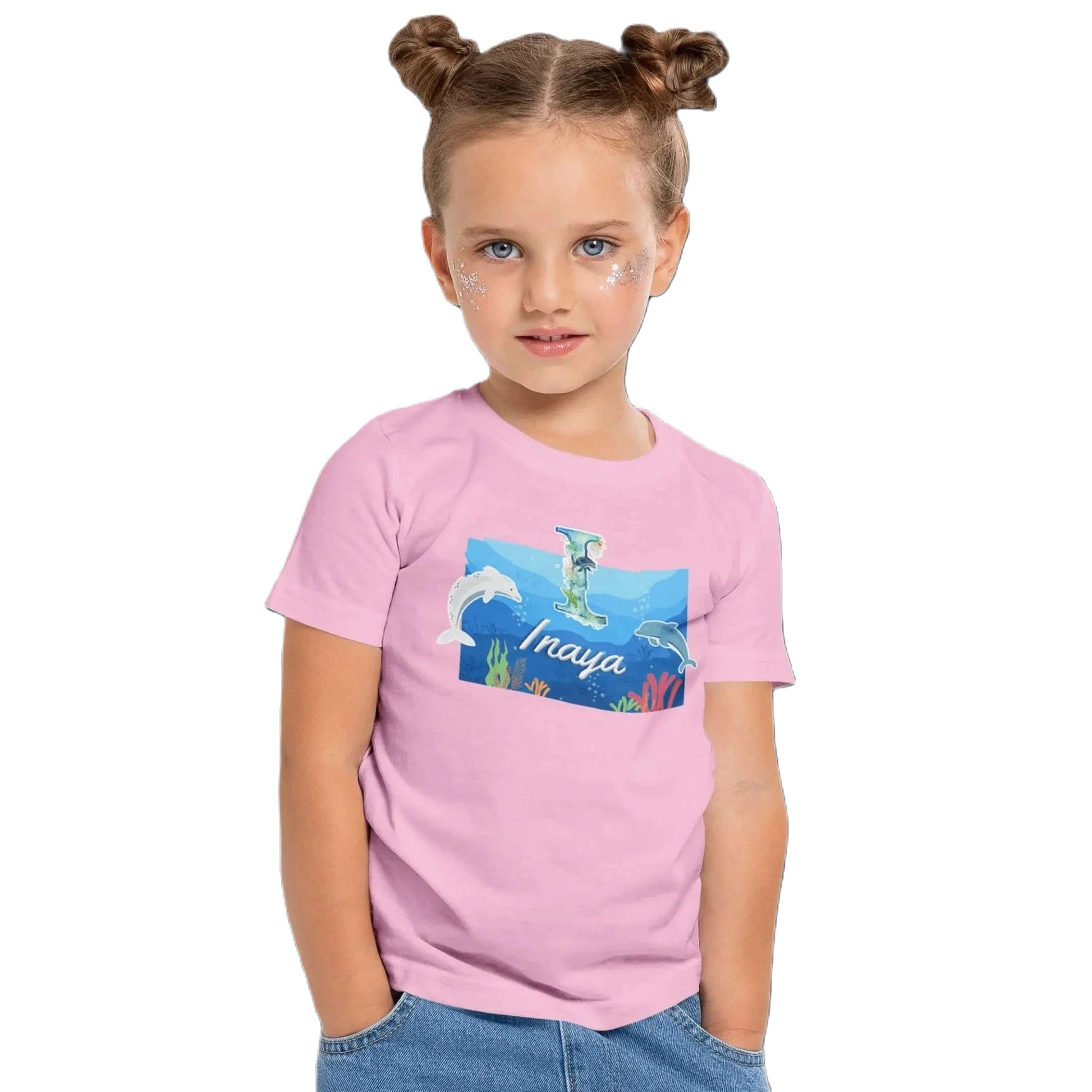 T shirt personnalisé fille – Motif dauphin et fond marin avec prénom et initiale - MiniLook