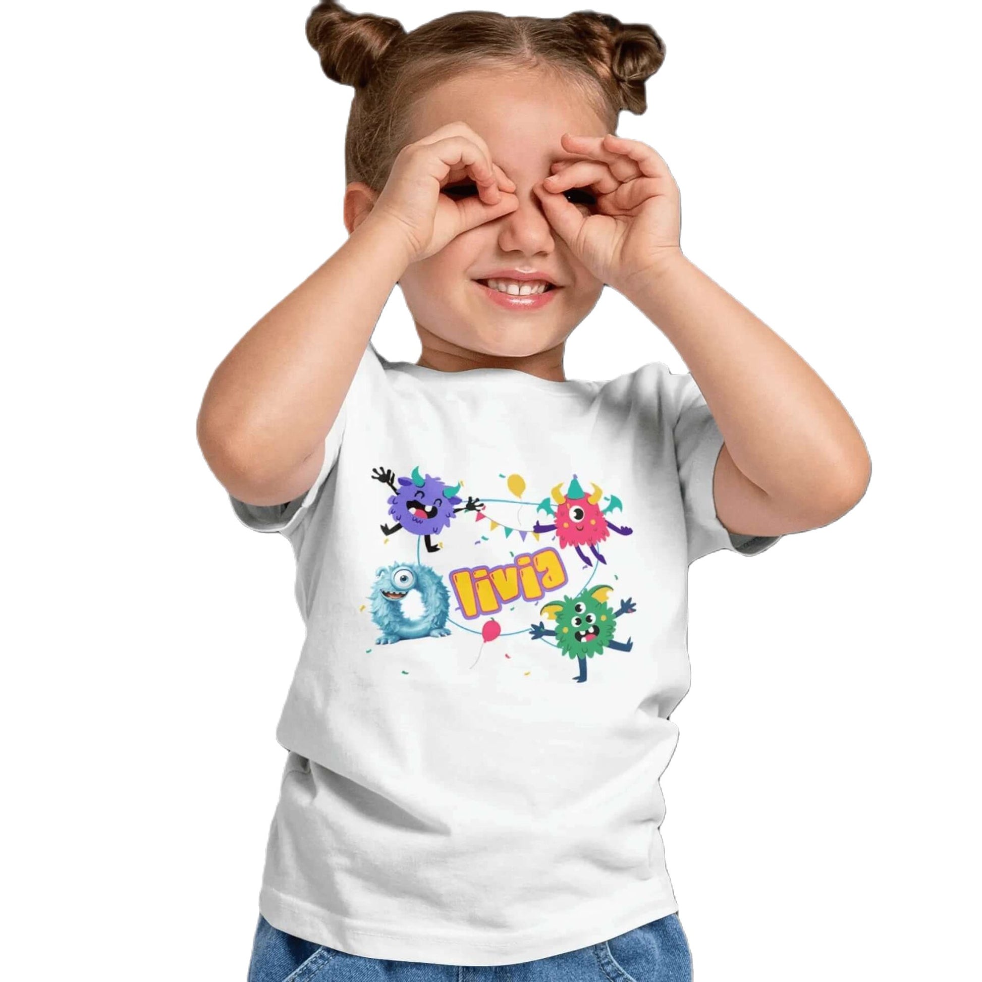 T shirt personnalisé fille – Prénom avec dessin animé de monstres et décoration anniversaire - MiniLook